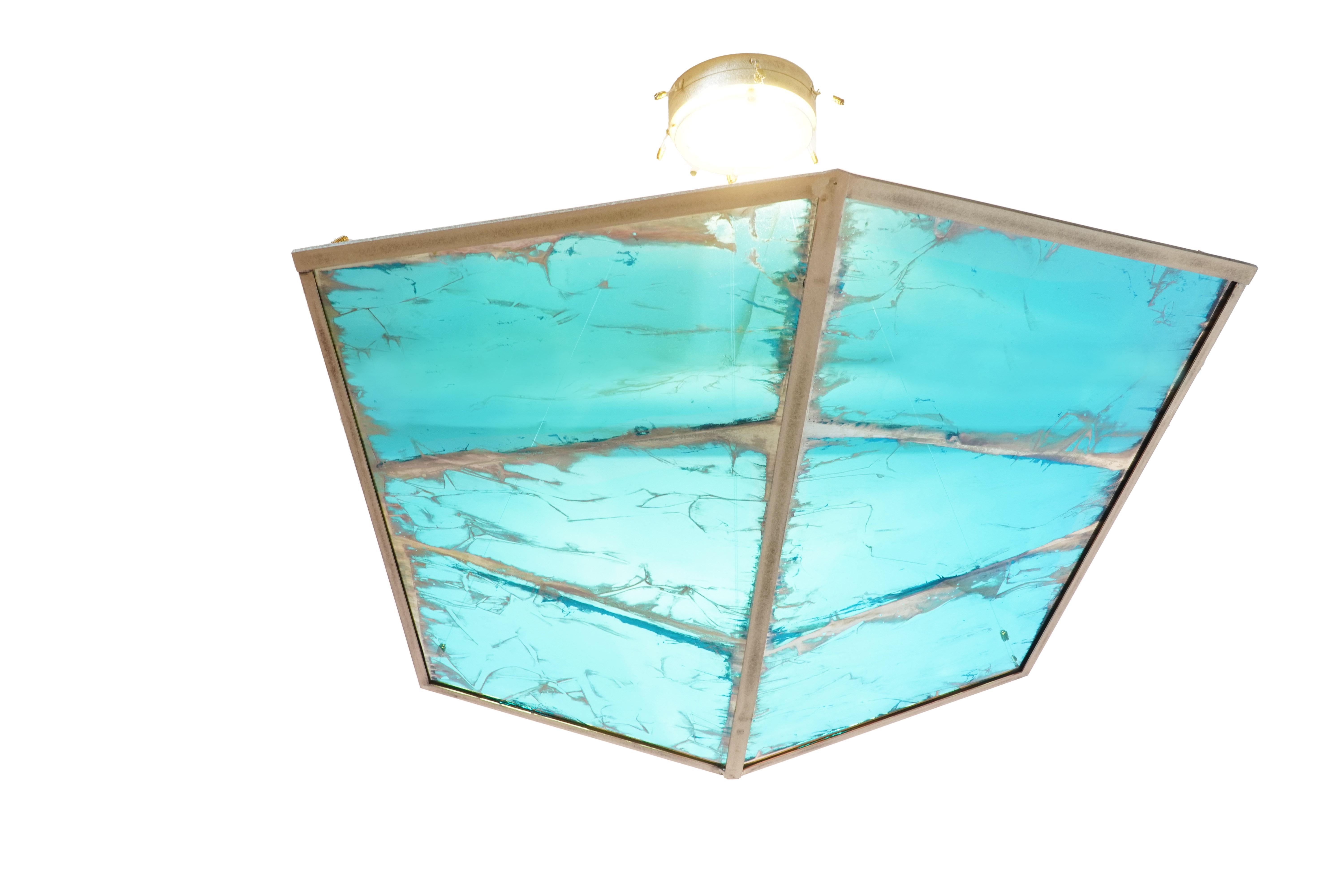 Airplane-Pendelleuchte, Aquamarin versilbertes Glas, Messingkörper (Moderne der Mitte des Jahrhunderts) im Angebot