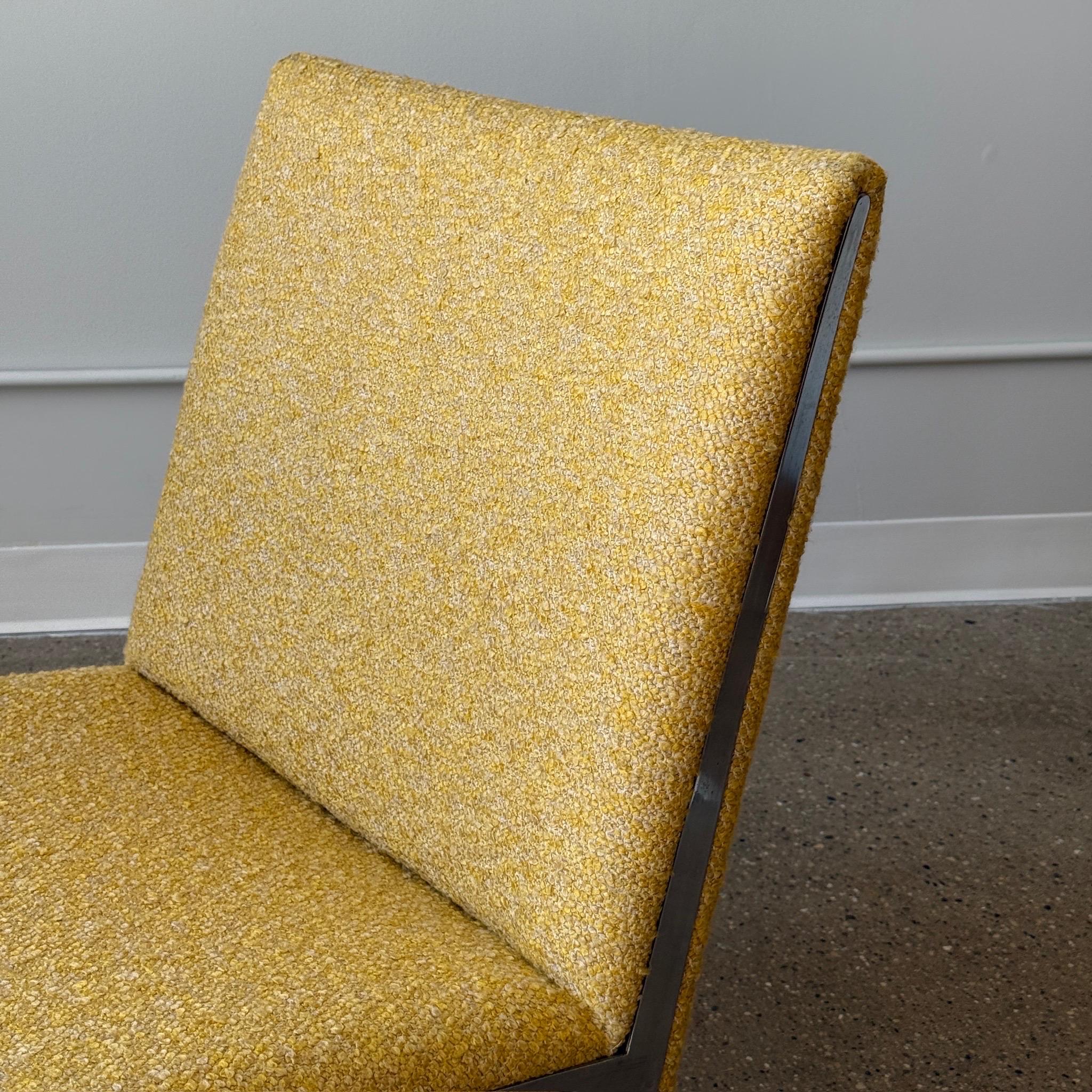 c. 1960s. Denmark. Reupholstered in Belgian daisy yellow boucle. Refoamed. Designed for Copenhagen airport. 

