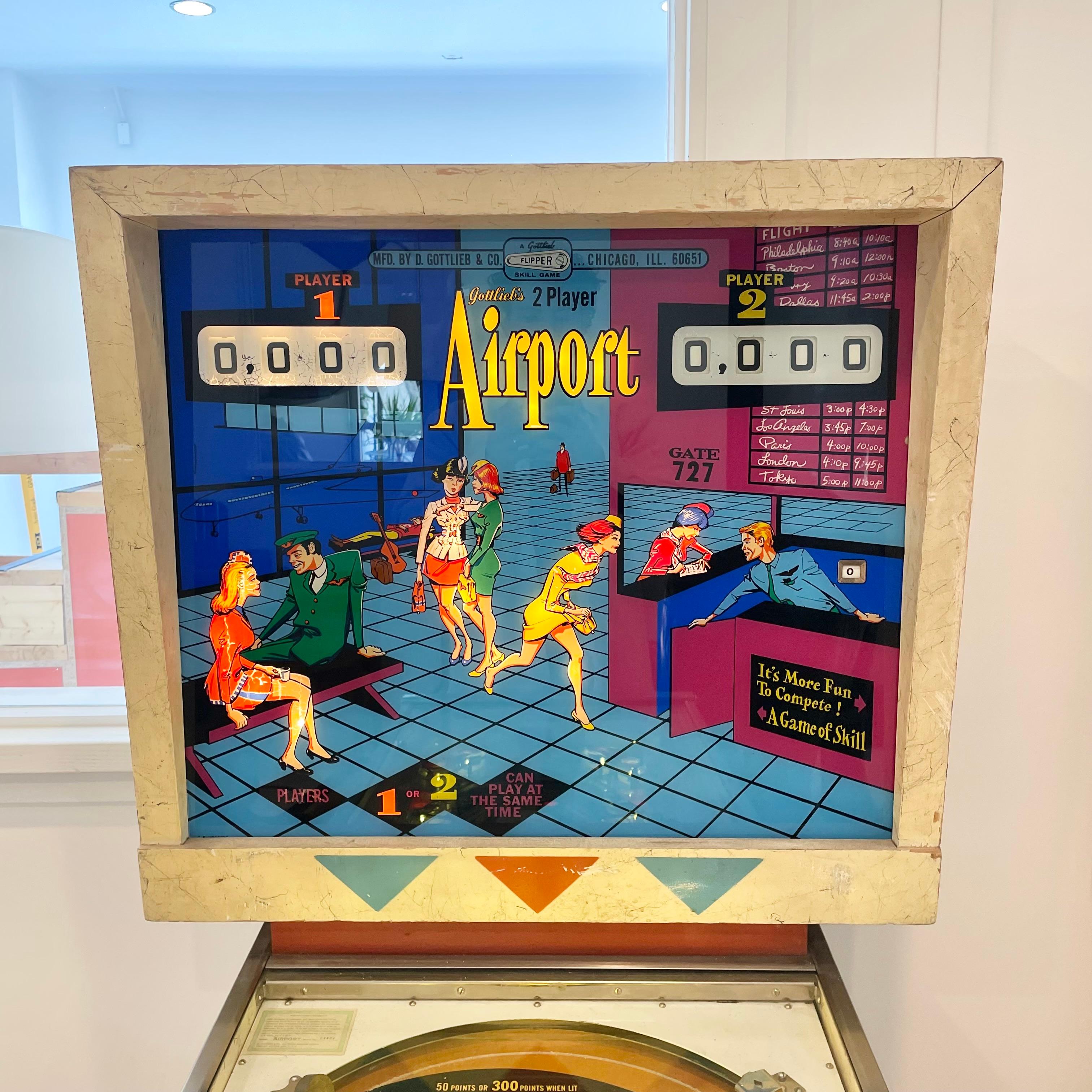Vintage 'AIRPORT' pinball machine from 1969. Made by D. Gottlieb & Co. and designed by Ed Krynski. In excellent working condition and the first game to use a vari-target. Great visuals and sounds. Extremely fast paced game speed and very fun to