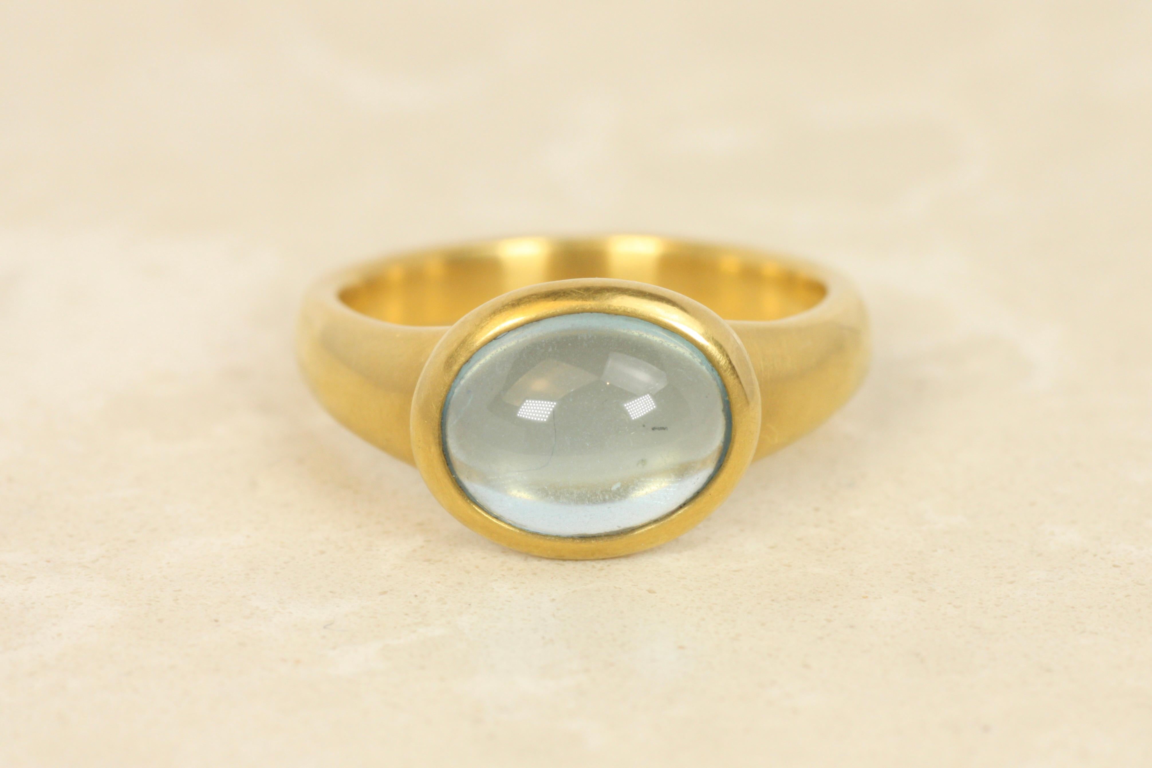 Artisan Aquamarine Cabochon Bezel Ring in 22K Yellow Gold, Hammered, Bracken Jewelers For Sale