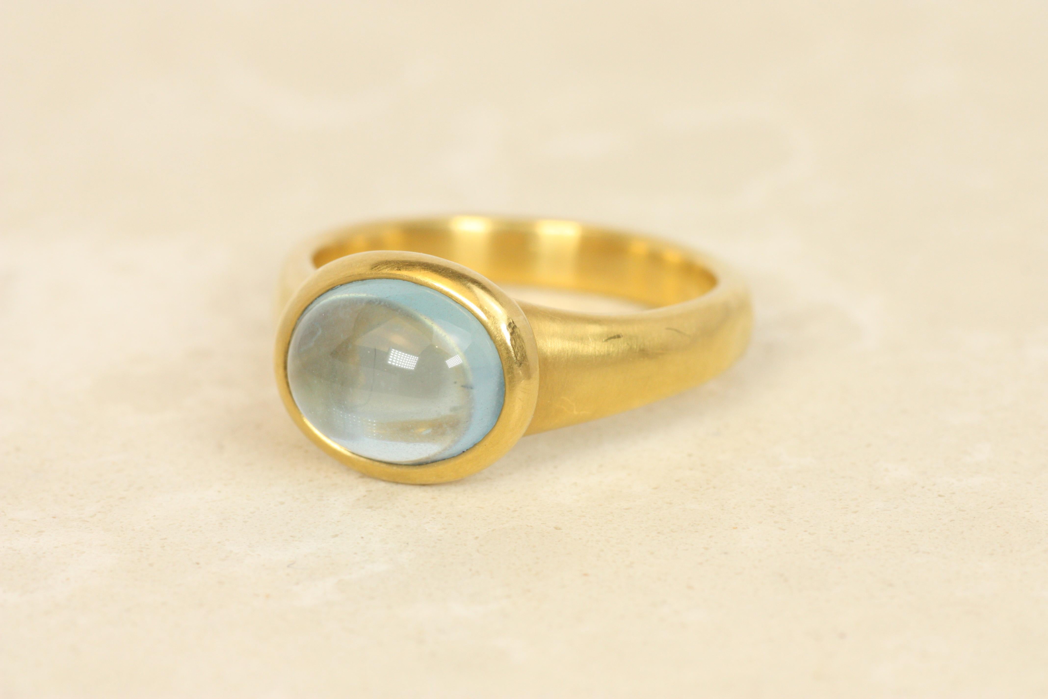 Aquamarine Cabochon Bezel Ring in 22K Yellow Gold, Hammered, Bracken Jewelers In New Condition For Sale In Santa Monica, CA