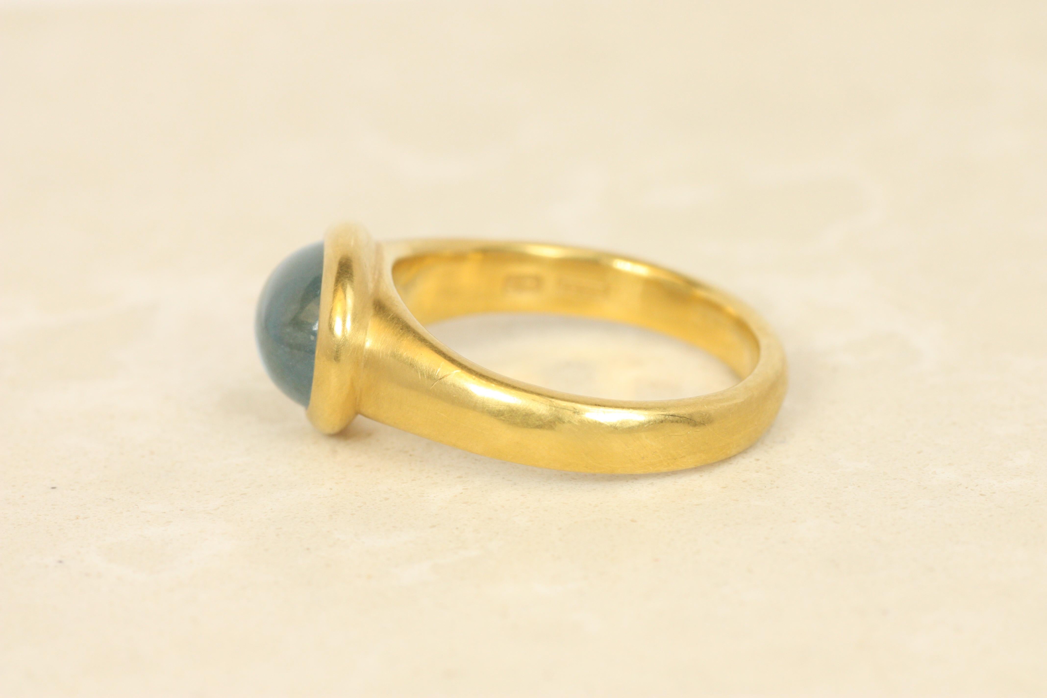 Women's Aquamarine Cabochon Bezel Ring in 22K Yellow Gold, Hammered, Bracken Jewelers For Sale