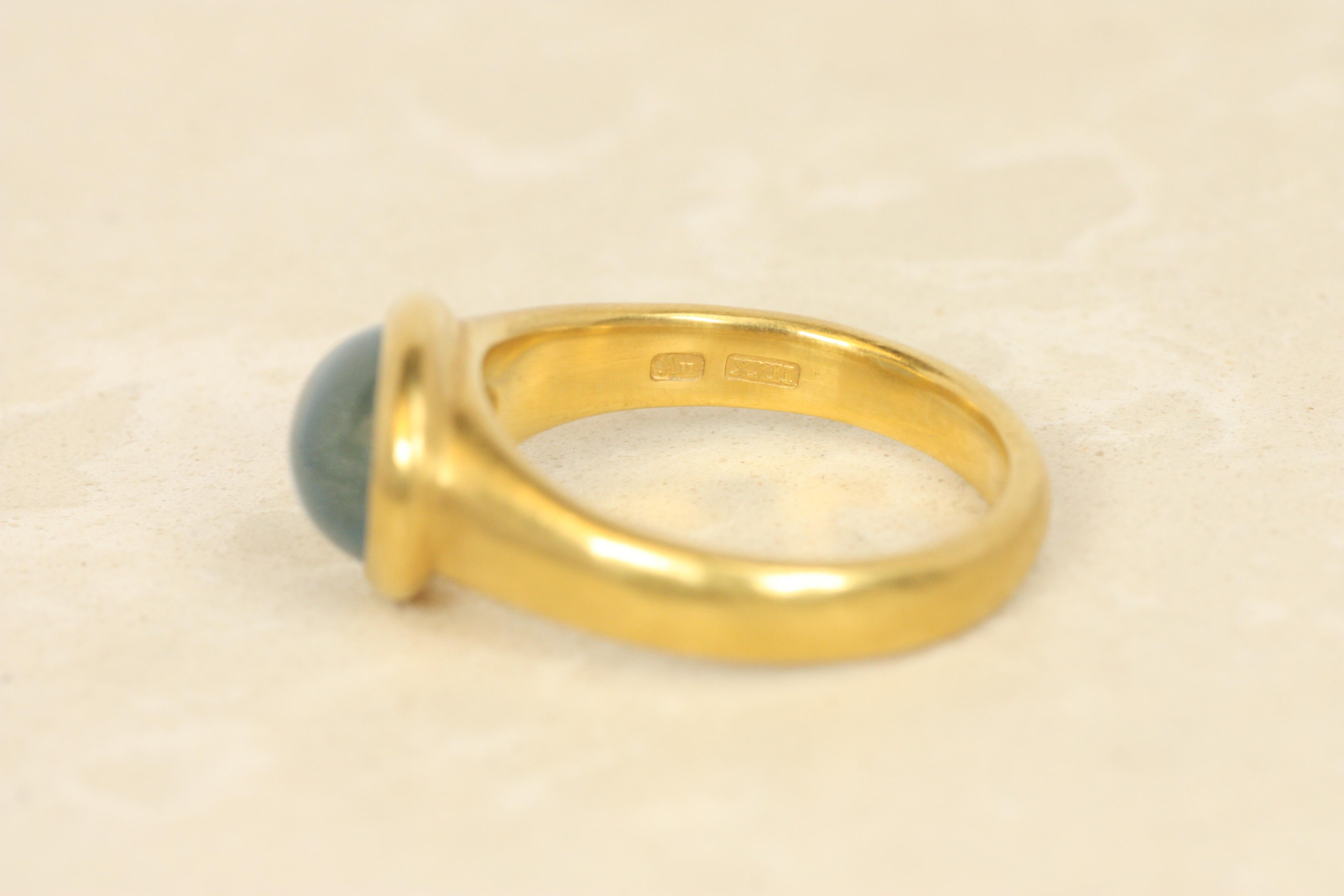 Aquamarine Cabochon Bezel Ring in 22K Yellow Gold, Hammered, Bracken Jewelers For Sale 1