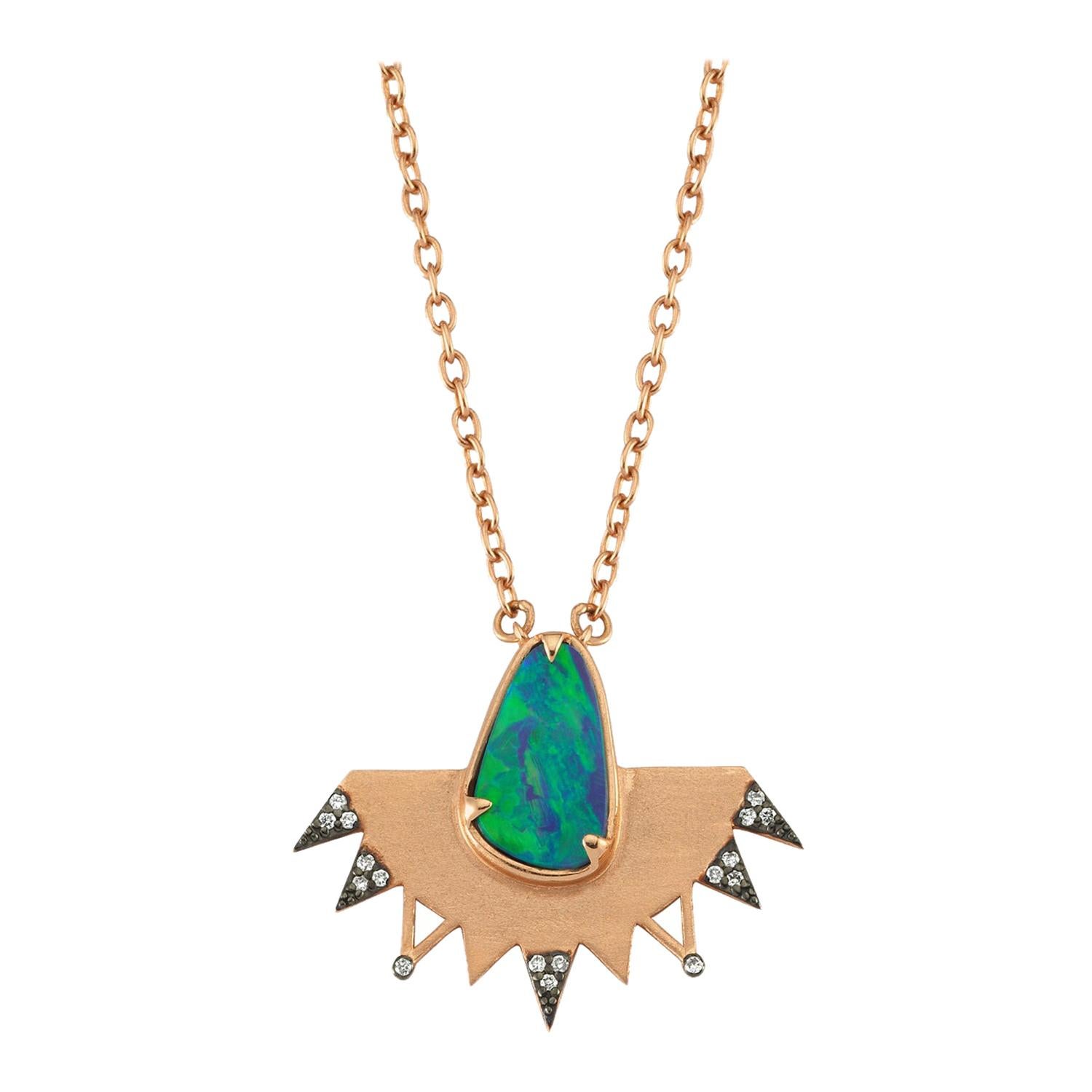 Aisa Blue Opal Necklace in 14 Karat Rose Gold with White Diamond