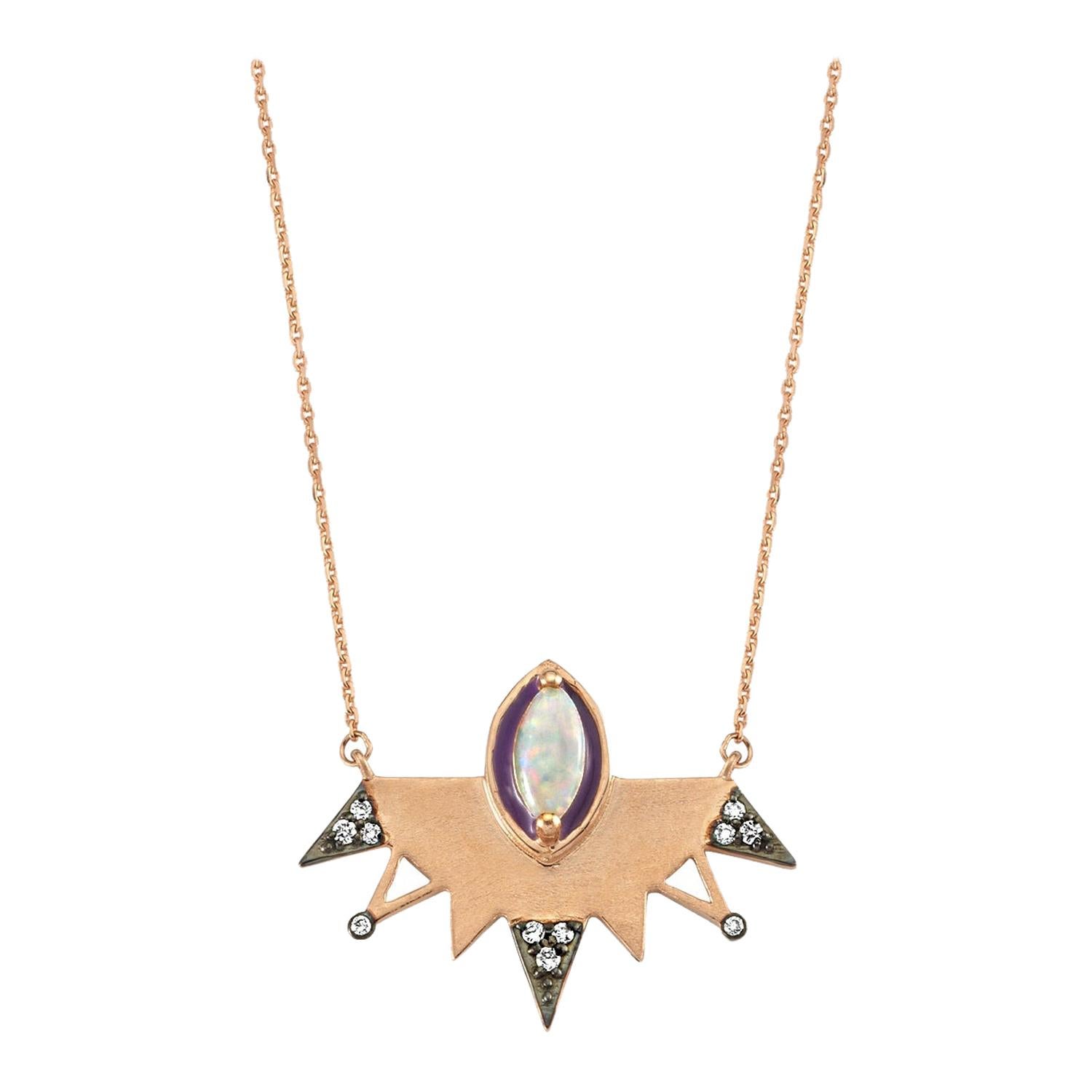 Aisa White Opal Necklace in 14 Karat Rose Gold with White Diamond For Sale
