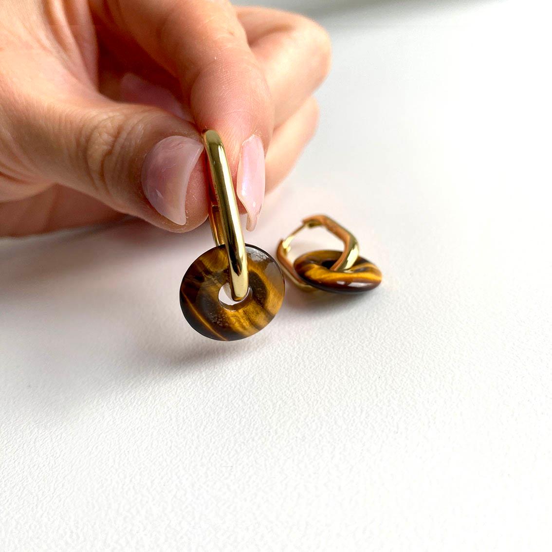 Round Cut AITCHES - Jullie Tiger-eye Earrings Earrings in 18K Gold Plated Sterling Silver For Sale