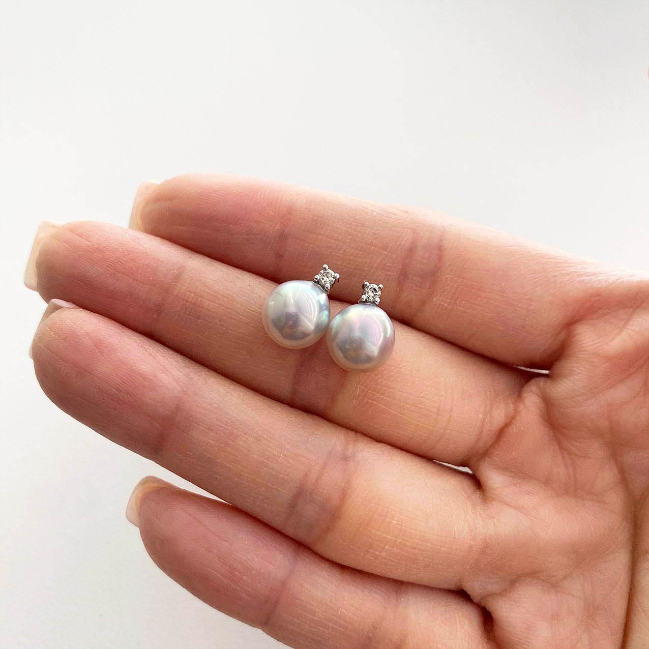 Brilliant Cut AITCHES - Underwater Grey Akoya Pearl Diamond Earrings in 18K White Gold For Sale