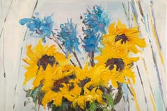 AiXiong Shi Still Life Original Oil On Canvas "Sunflowers And Hyacinths"