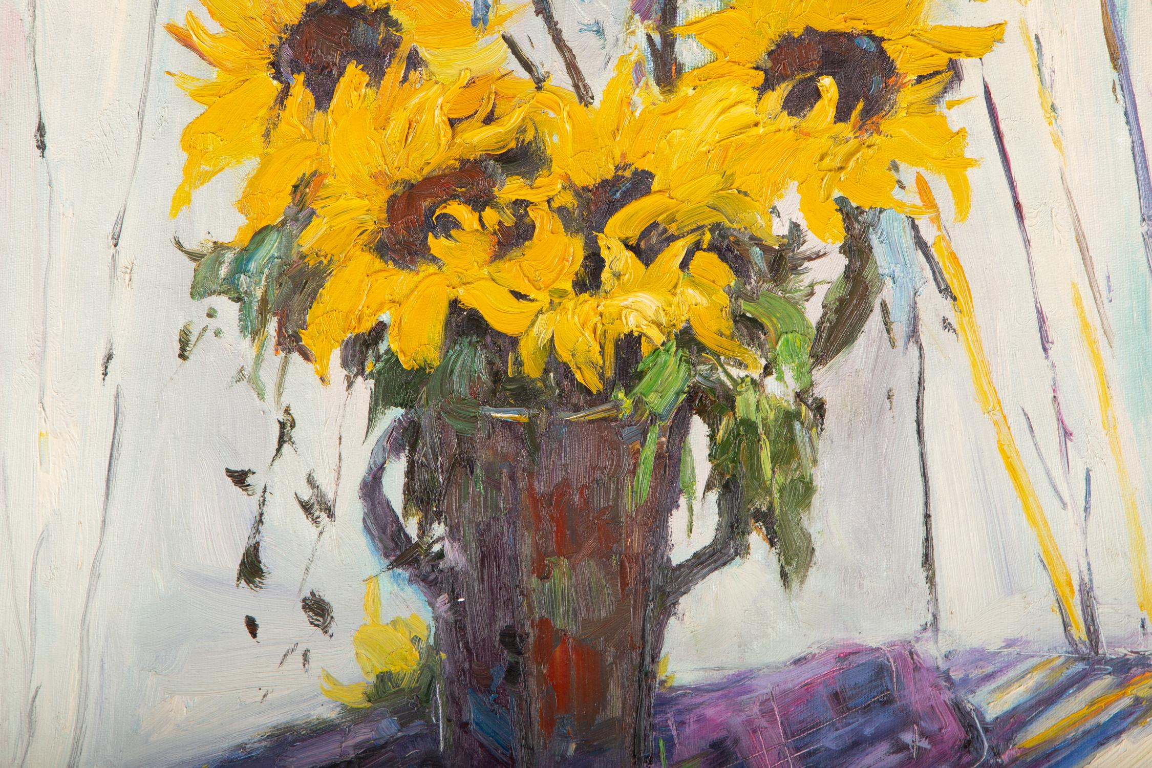 AiXiong Shi Stillleben, Original, Öl auf Leinwand, „Sonnenblumen und Hyacinths“ im Angebot 3