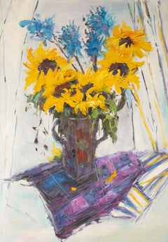 AiXiong Shi Still Life Original Oil On Canvas "Sunflowers And Hyacinths"