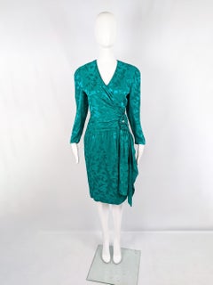 A.J Bari 80s Vintage Emerald Green Silk Satin Jacquard Long Sleeve Dress, 1980s