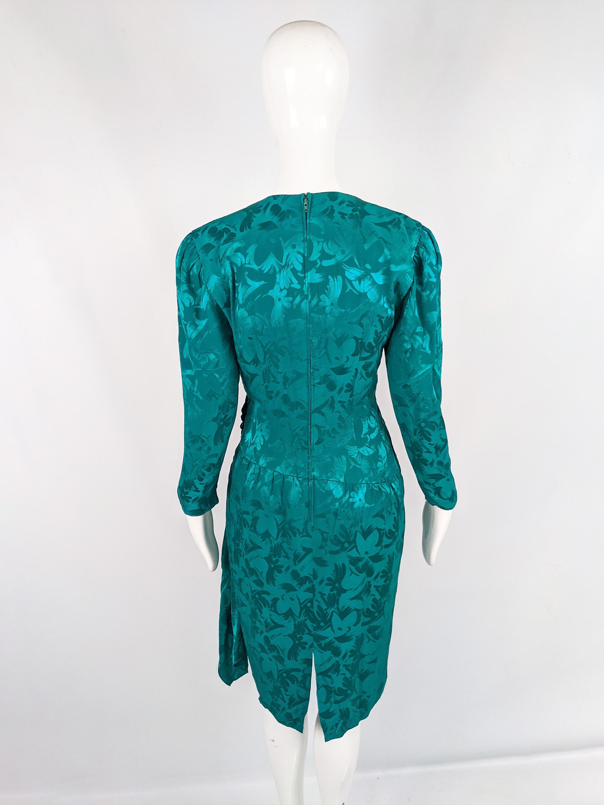 Women's A.J Bari 80s Vintage Emerald Green Silk Satin Jacquard Long Sleeve Dress, 1980s