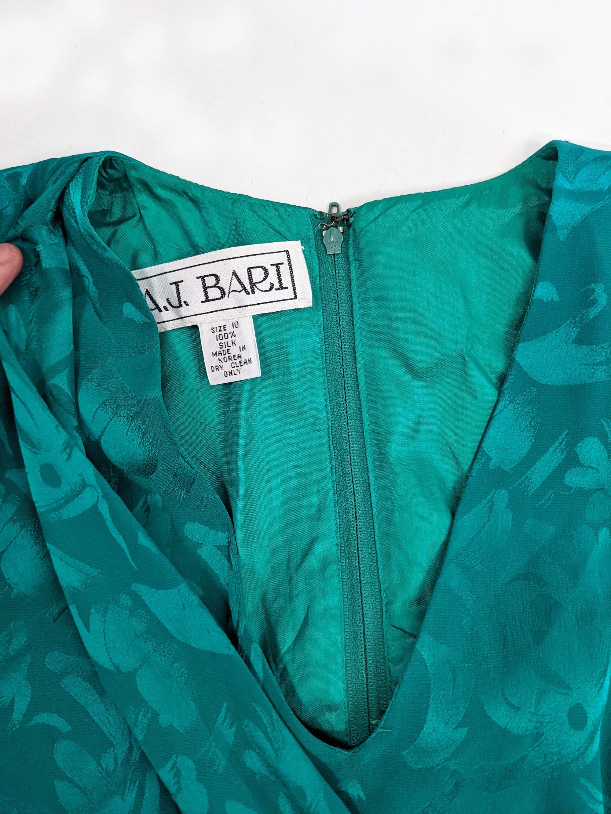 A.J Bari 80s Vintage Emerald Green Silk Satin Jacquard Long Sleeve Dress, 1980s 1