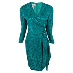 A.J Bari 80s Vintage Emerald Green Silk Satin Jacquard Long Sleeve Dress, 1980s