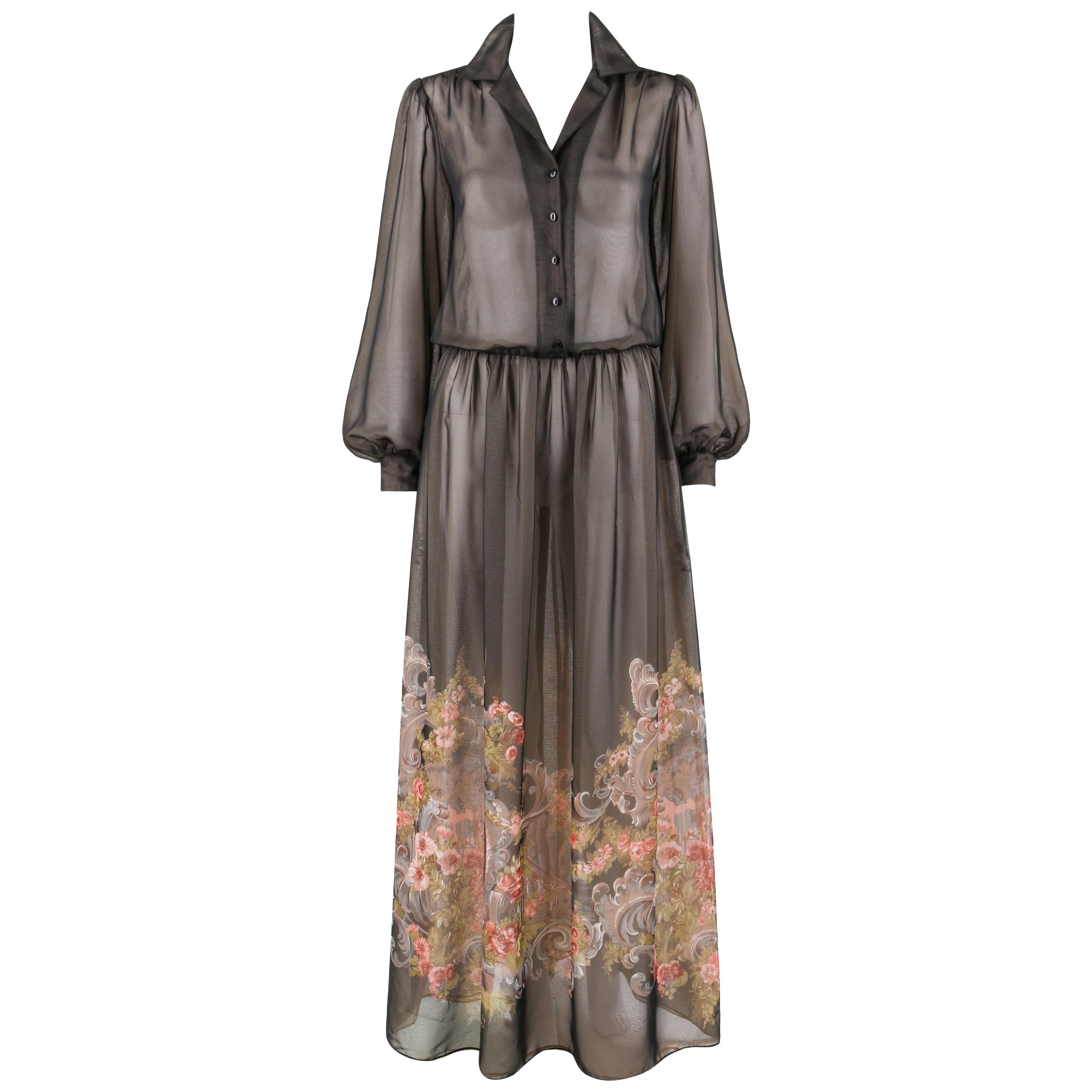 AJ BARI c. 1980’s Gray Multi Color Floral Print Sheer Bouffont Sleeve Maxi Dress