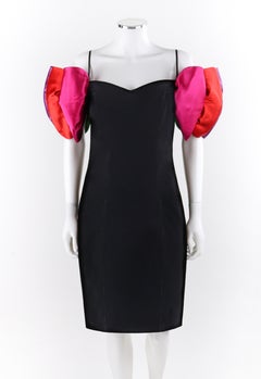 AJ BARI c.1980's Black Velvet Rainbow Panel Puff Sleeve Cocktail Party Dress