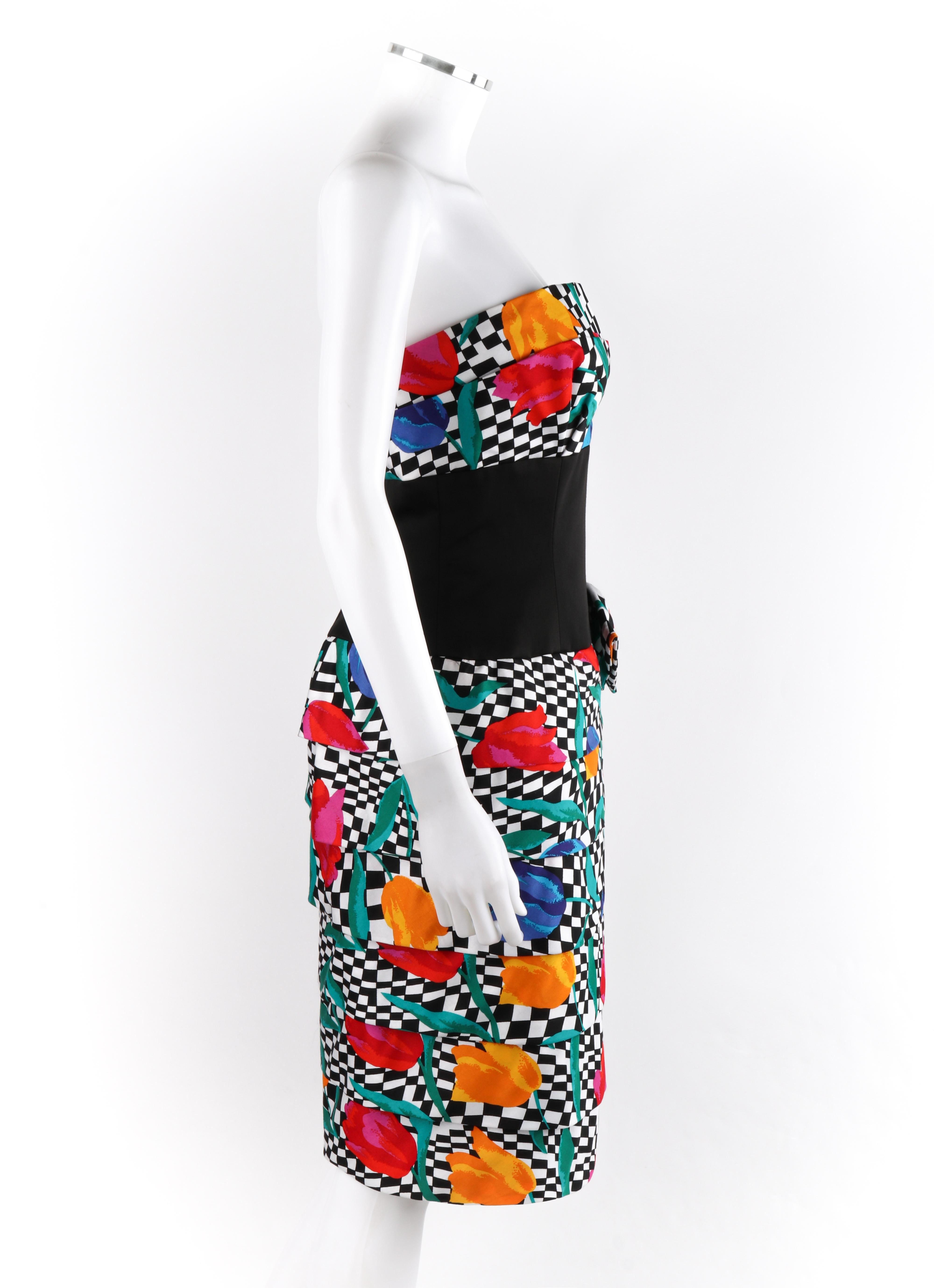 Black AJ BARI c.1980’s Tiered Op Art Pop of Tulip Floral Check Party Dress