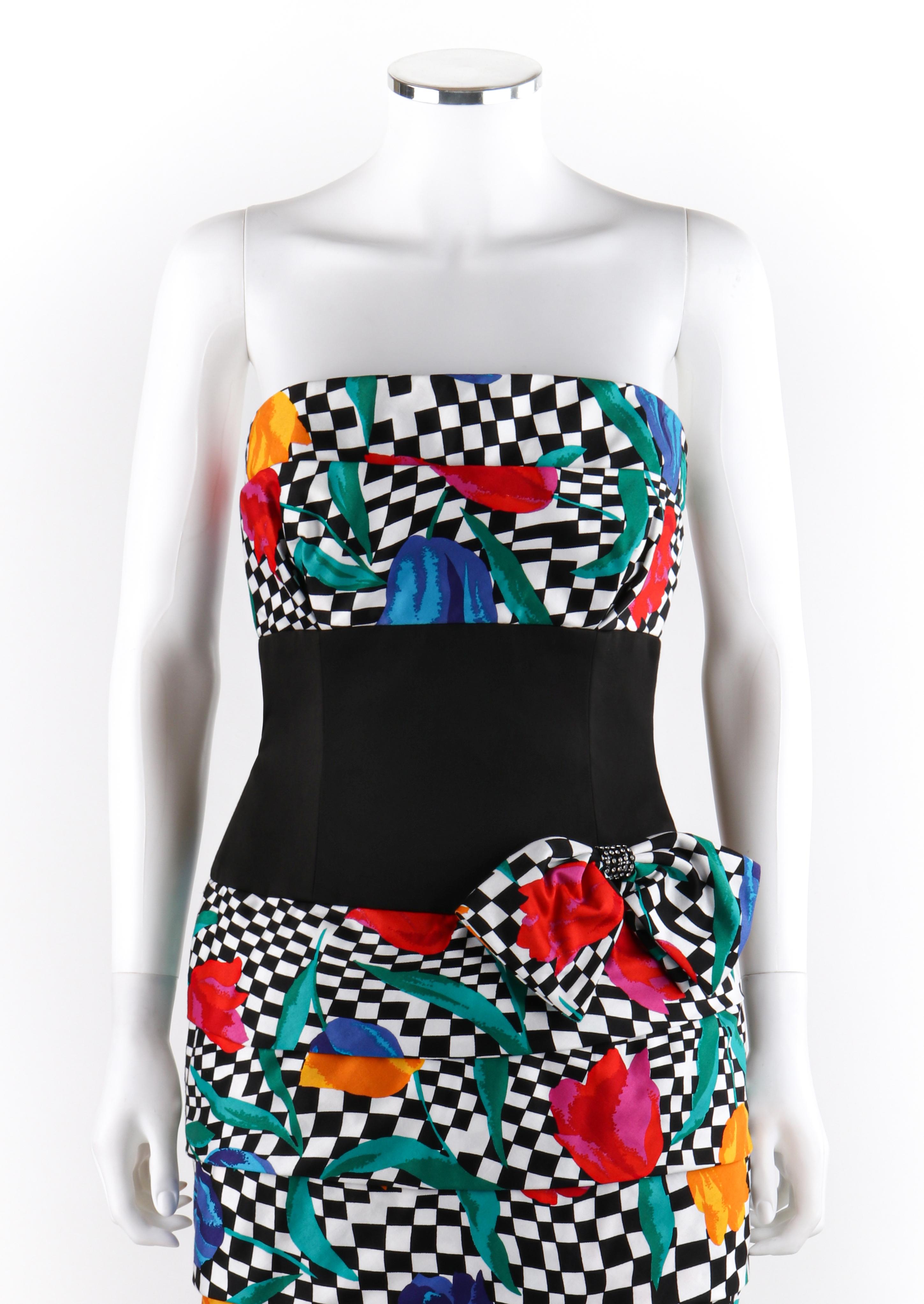 AJ BARI c.1980’s Tiered Op Art Pop of Tulip Floral Check Party Dress 1
