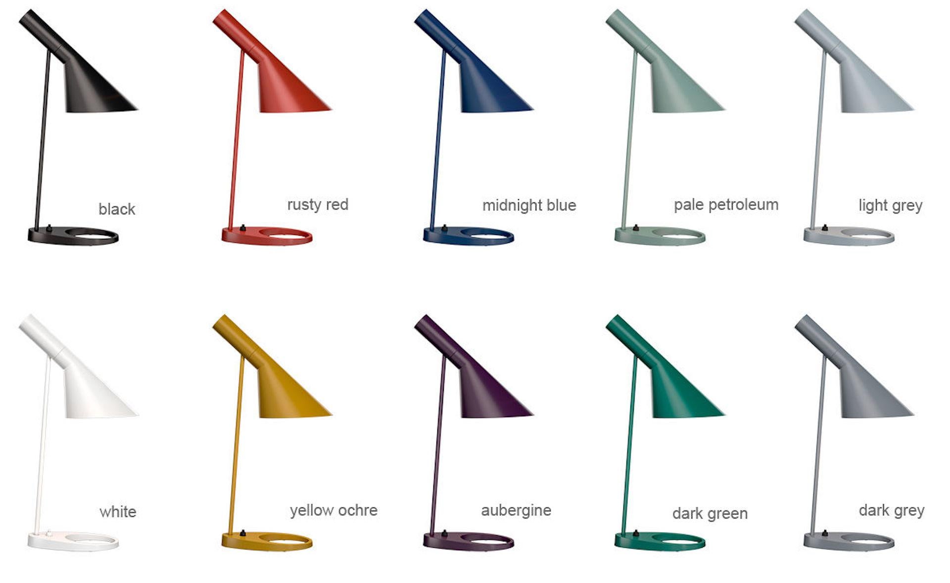 AJ floor lamp by Arne Jacobsen. Current production by Louis Poulsen. Comes in midnight blue, aubergine, dark green, pale petroleum, rusty red, sand, yellow ochre, black, dark grey, light grey or white. The fixture emits downward directed light. The