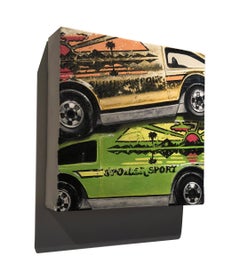 Photorealist green and yellow cars, "Spoiler Sport Stack", oil on canvas, 2018