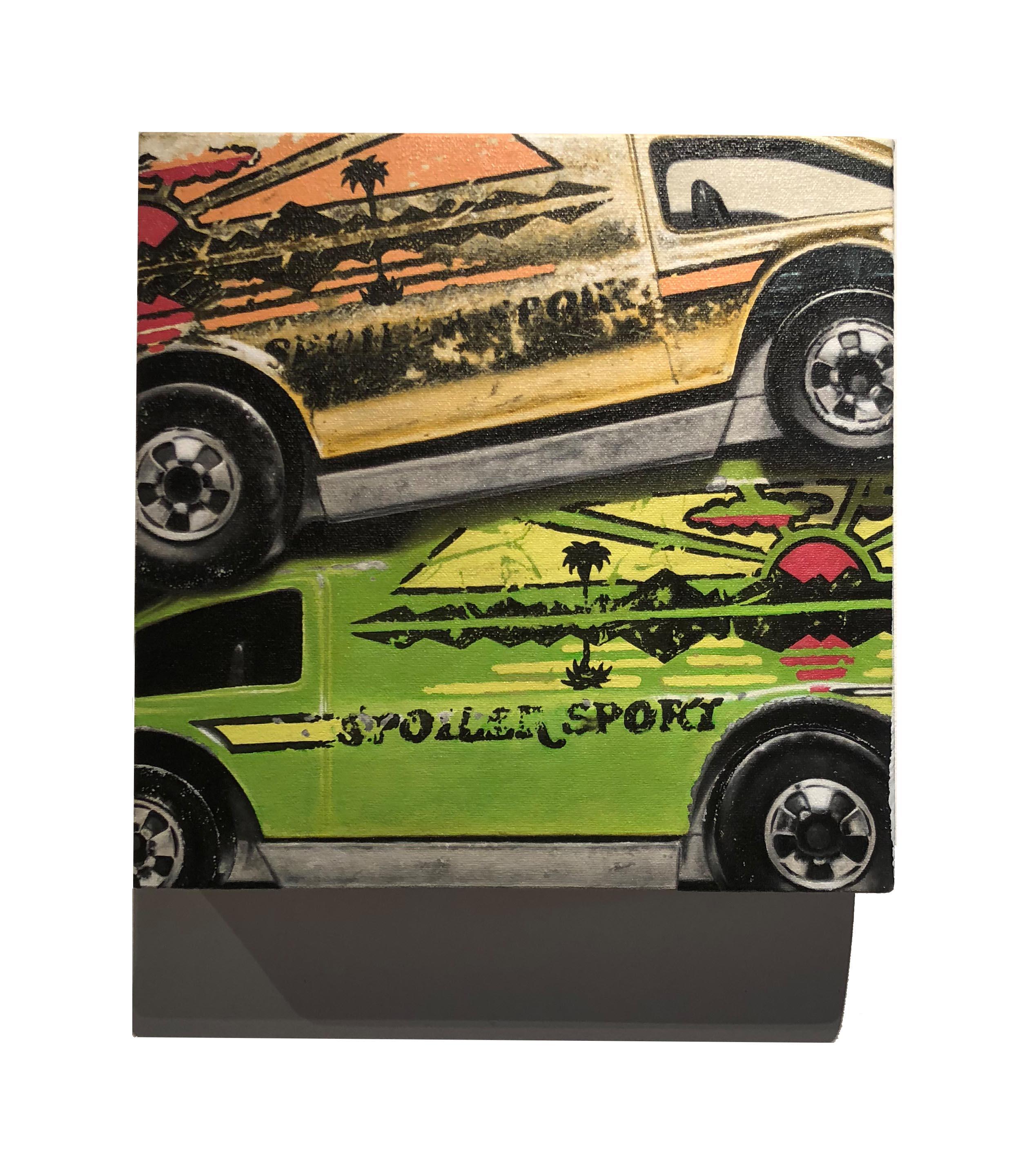 Photorealist green and yellow cars, 