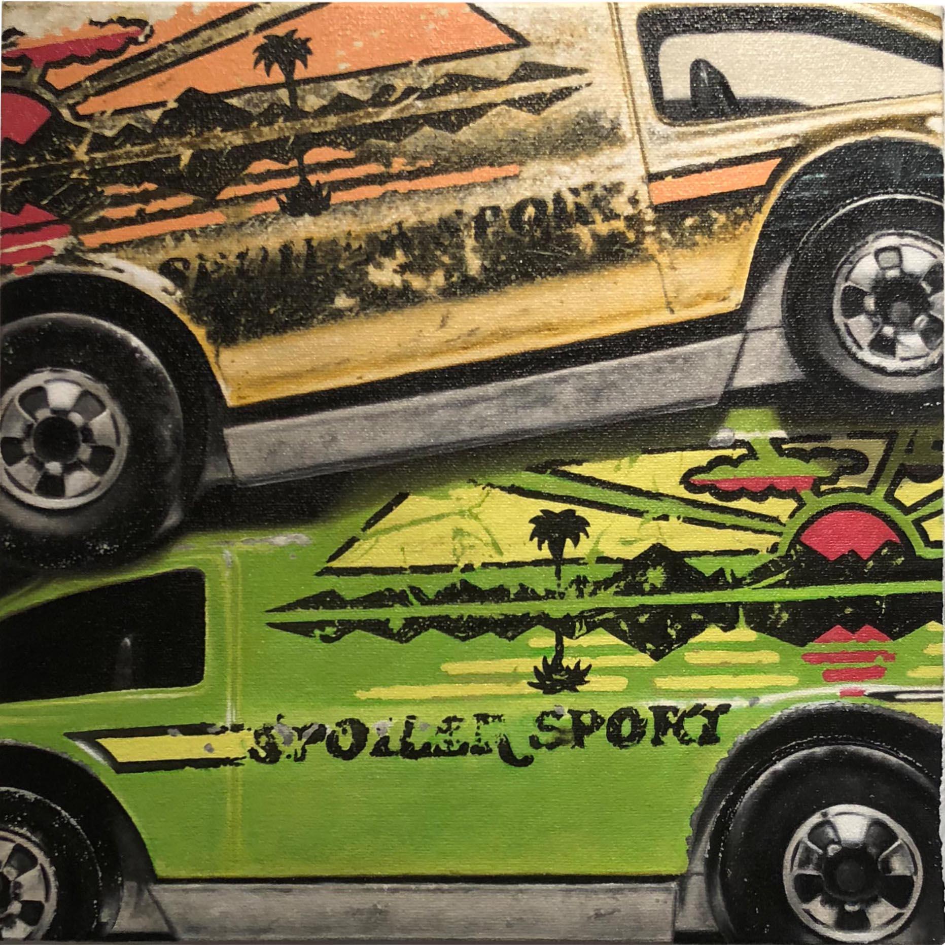 A.J. Fries Figurative Painting - Photorealist green and yellow cars, "Spoiler Sport Stack", oil on canvas, 2018