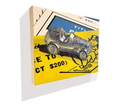 Photorealist Monopoly Car, "Collect $200", oil on canvas, gray yellow and blue