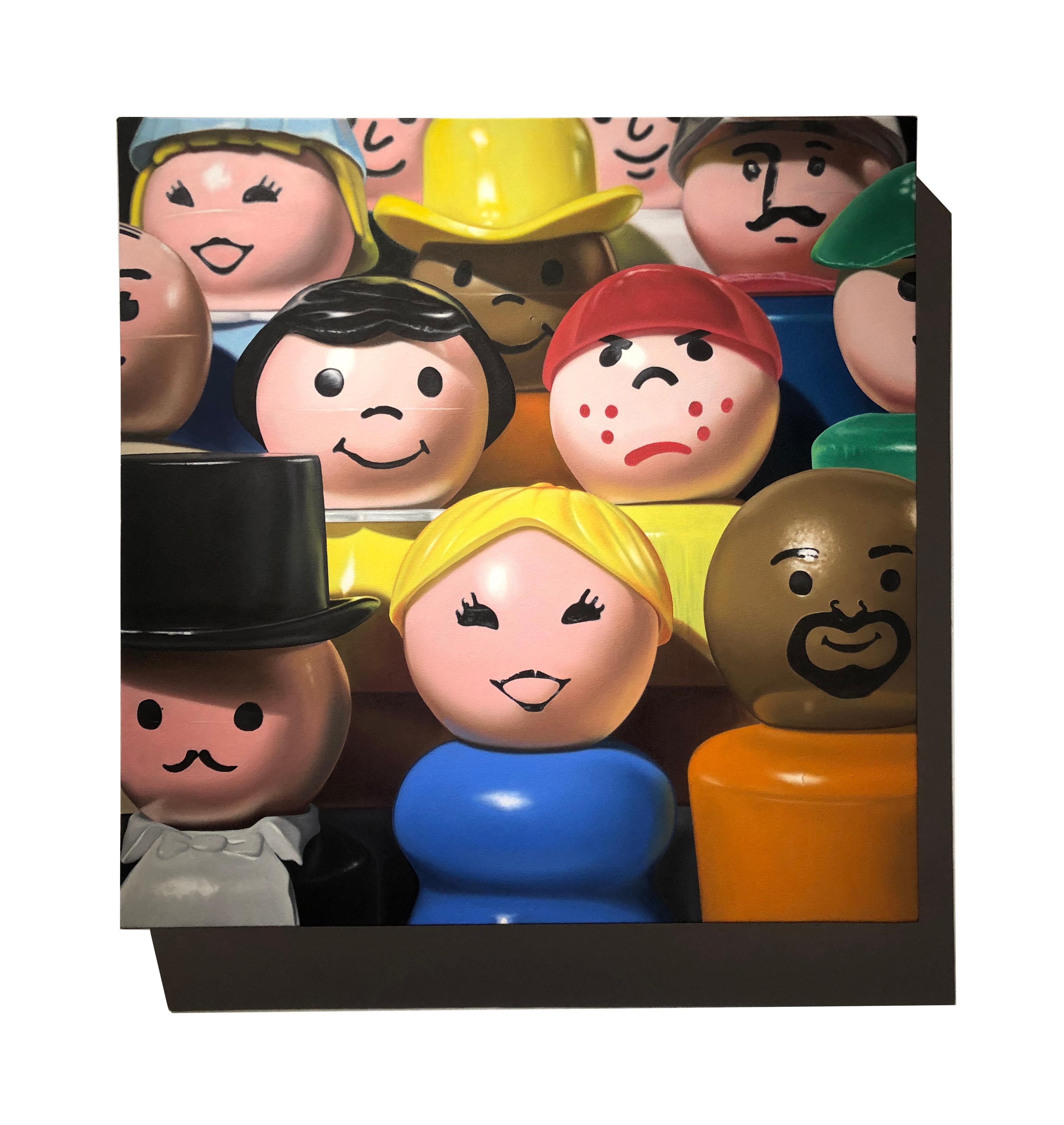 Photorealist oil on canvas painting The Gathering Fisher Price Little People toy - Black Still-Life Painting by A.J. Fries