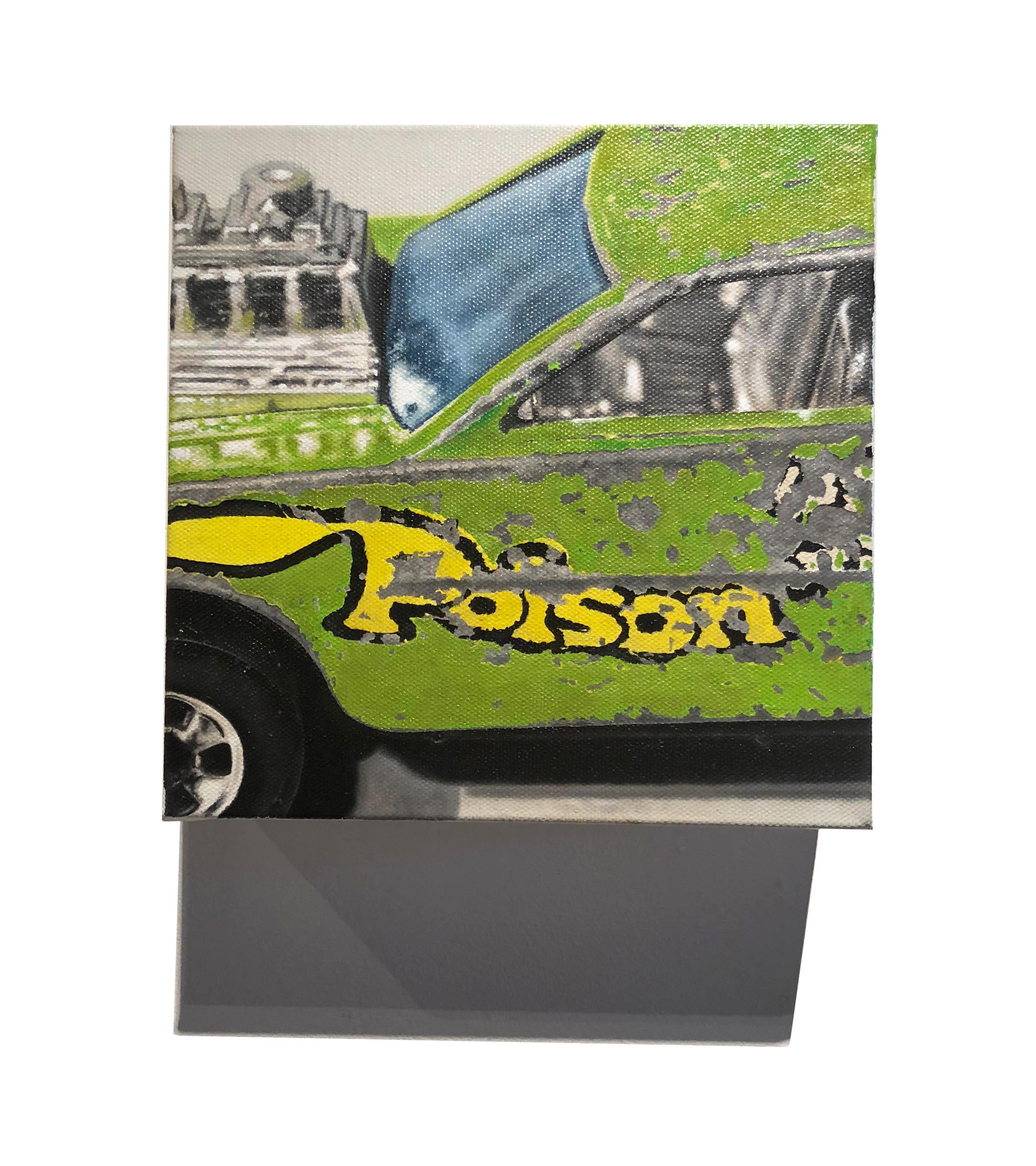 Small scale photorealist green and yellow car, 