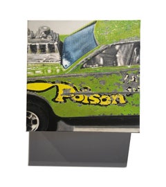 Small scale photorealist green and yellow car, "Poison Pinto", oil on canvas