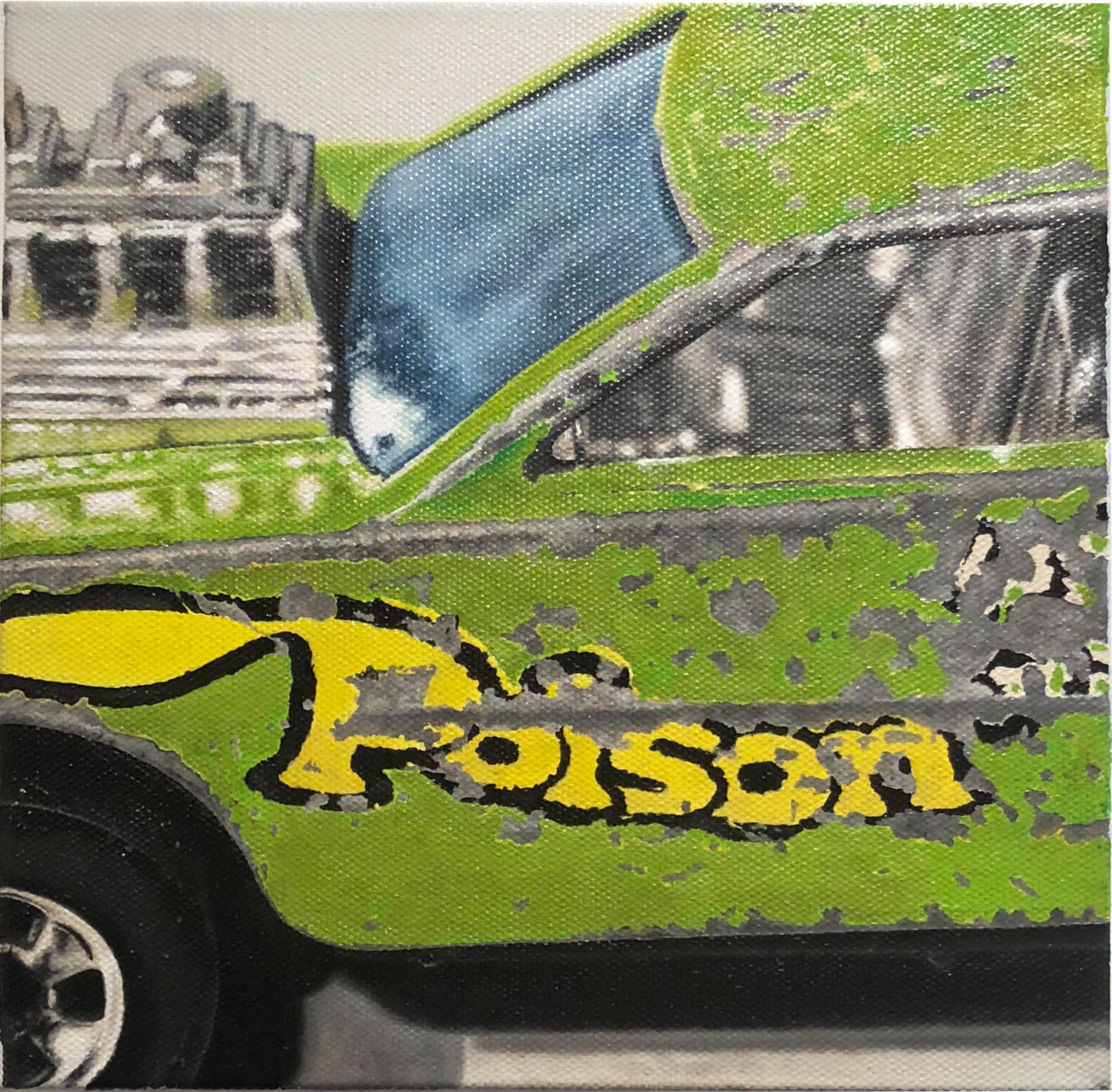 A.J. Fries Figurative Painting - Small scale photorealist green and yellow car, "Poison Pinto", oil on canvas