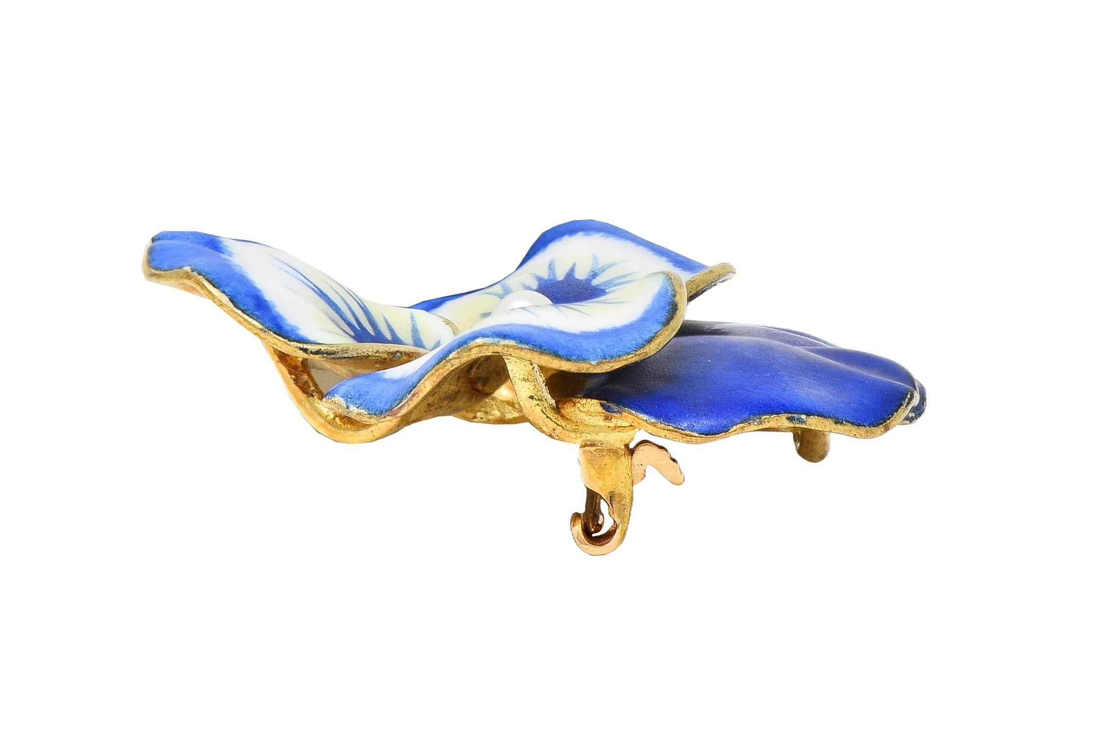 A.J. Hedges Art Nouveau Blue Enamel Pearl 14 Karat Gold Antique Pansy Brooch 6