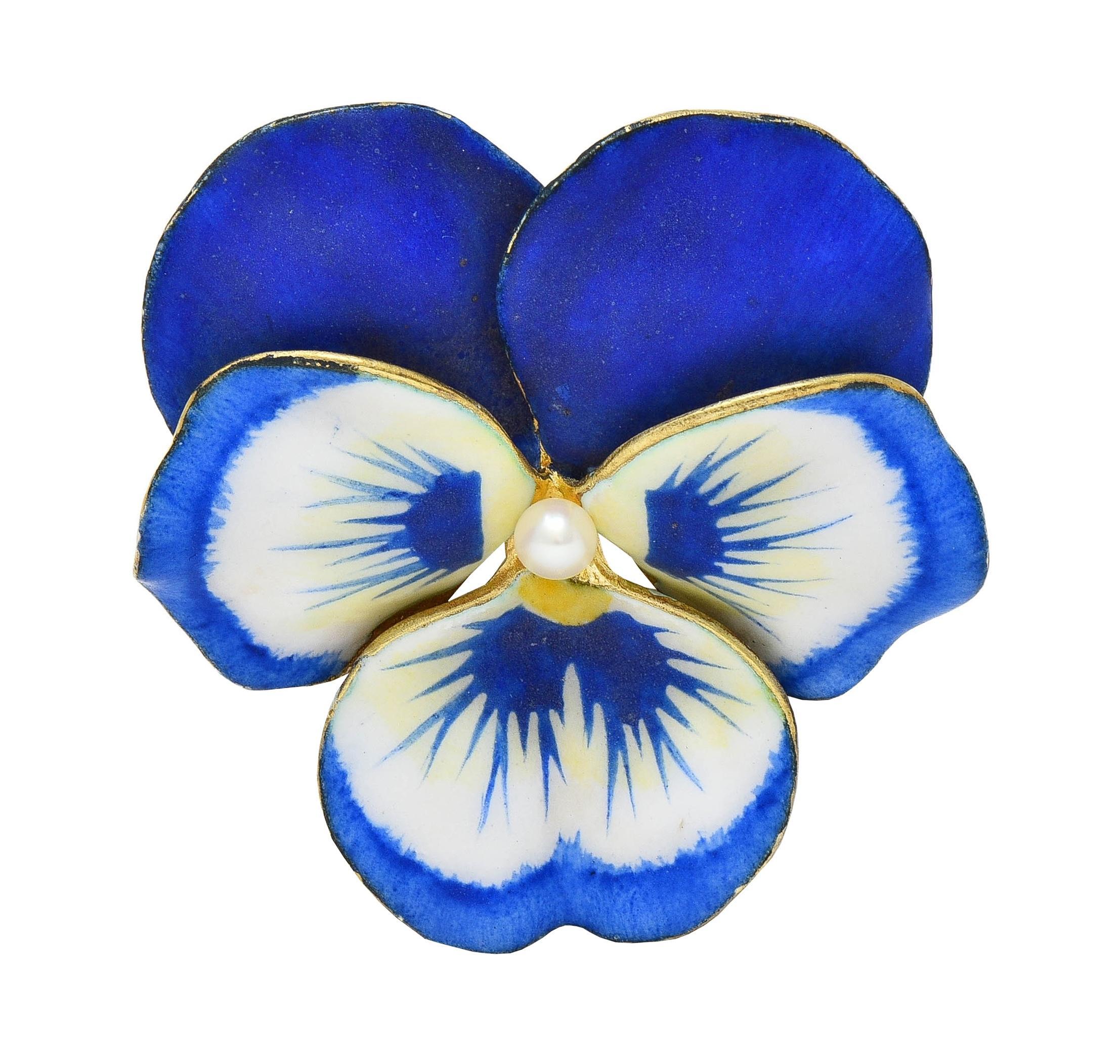 A.J. Hedges Art Nouveau Blue Enamel Pearl 14 Karat Gold Antique Pansy Brooch 7