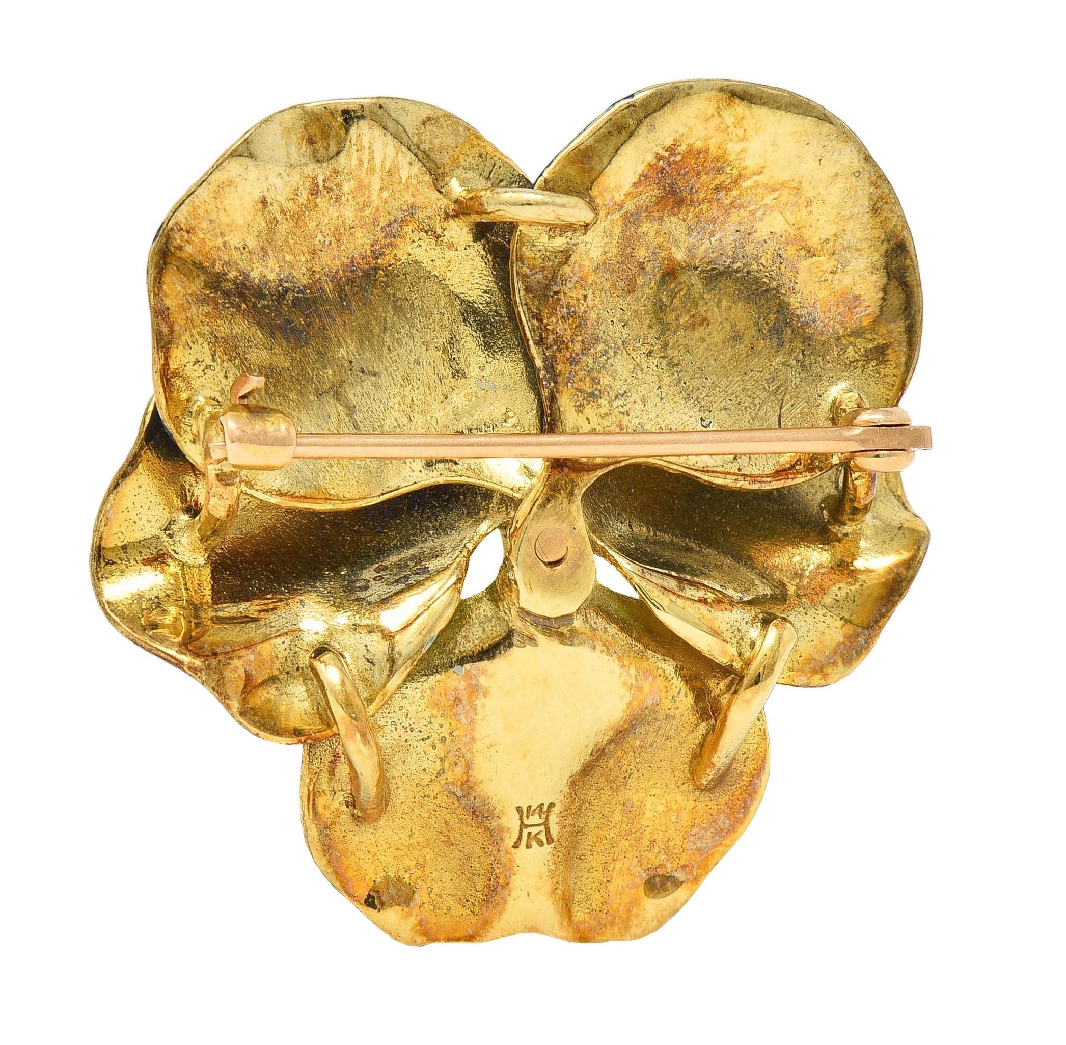 A.J. Hedges Art Nouveau Blue Enamel Pearl 14 Karat Gold Antique Pansy Brooch In Excellent Condition In Philadelphia, PA