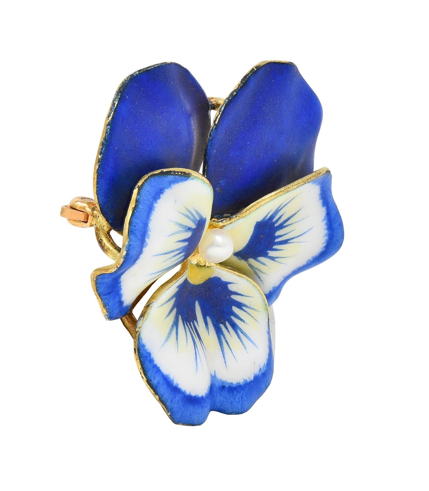 Women's or Men's A.J. Hedges Art Nouveau Blue Enamel Pearl 14 Karat Gold Antique Pansy Brooch