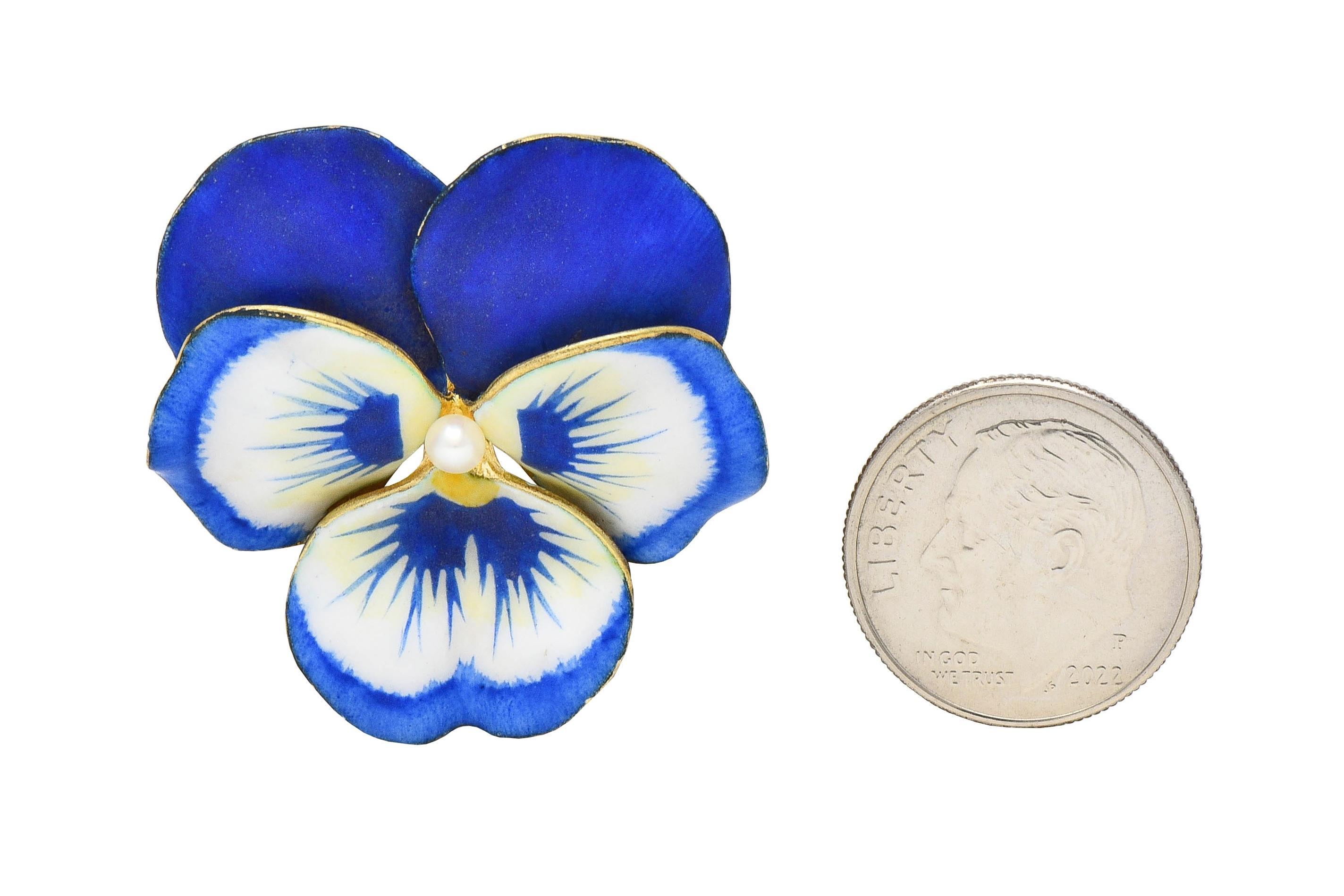 A.J. Hedges Art Nouveau Blue Enamel Pearl 14 Karat Gold Antique Pansy Brooch 1