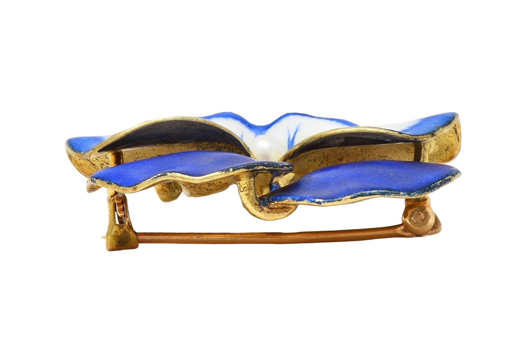 A.J. Hedges Art Nouveau Blue Enamel Pearl 14 Karat Gold Antique Pansy Brooch 3