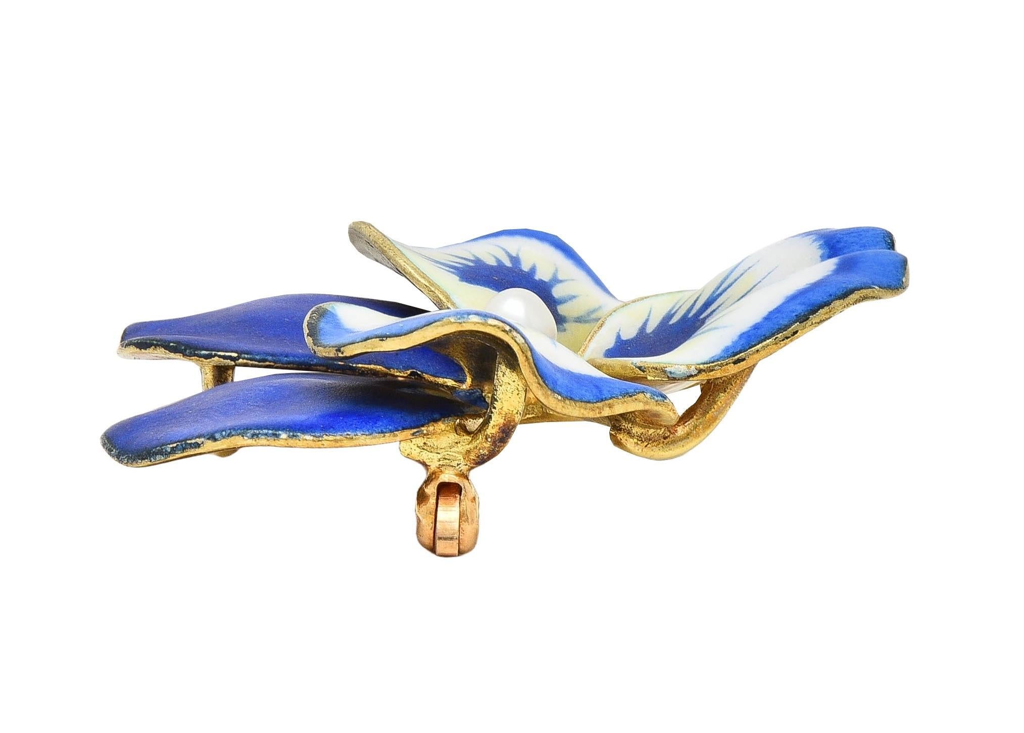 A.J. Hedges Art Nouveau Blue Enamel Pearl 14 Karat Gold Antique Pansy Brooch 4
