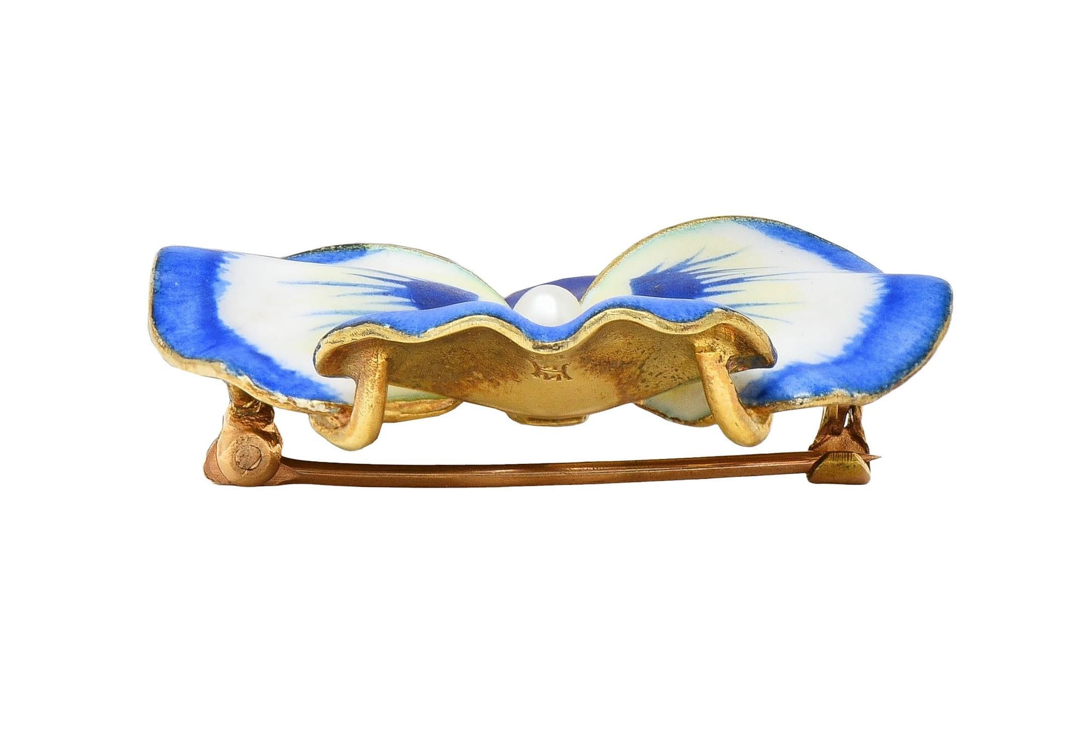 A.J. Hedges Art Nouveau Blue Enamel Pearl 14 Karat Gold Antique Pansy Brooch 5