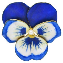 A.J. Hedges Art Nouveau Blue Enamel Pearl 14 Karat Gold Antique Pansy Brooch
