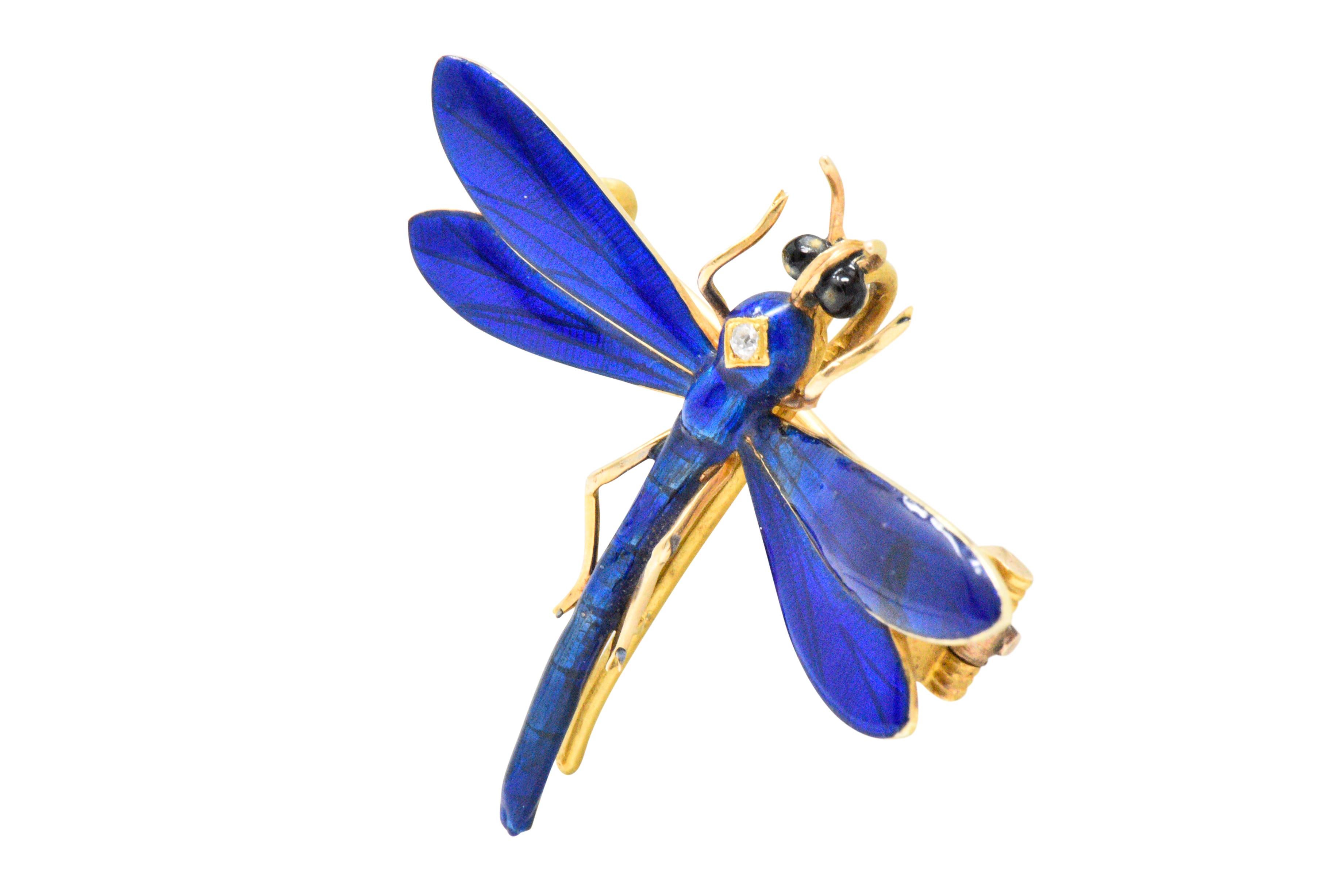 Old Mine Cut A.J. Hedges Art Nouveau Diamond Enamel 14 Karat Gold Dragonfly Pendant Brooch