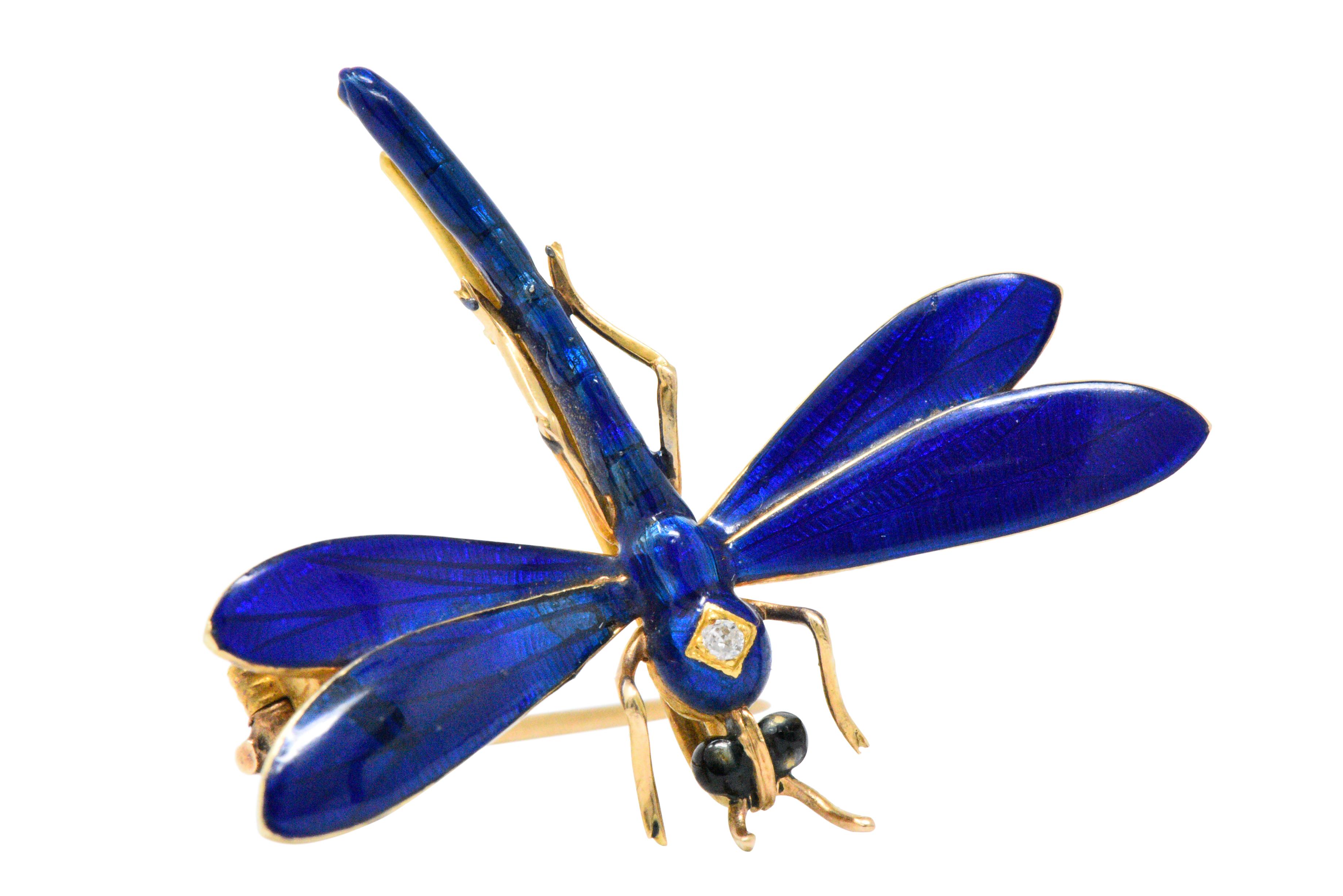 A.J. Hedges Art Nouveau Diamond Enamel 14 Karat Gold Dragonfly Pendant Brooch In Good Condition In Philadelphia, PA