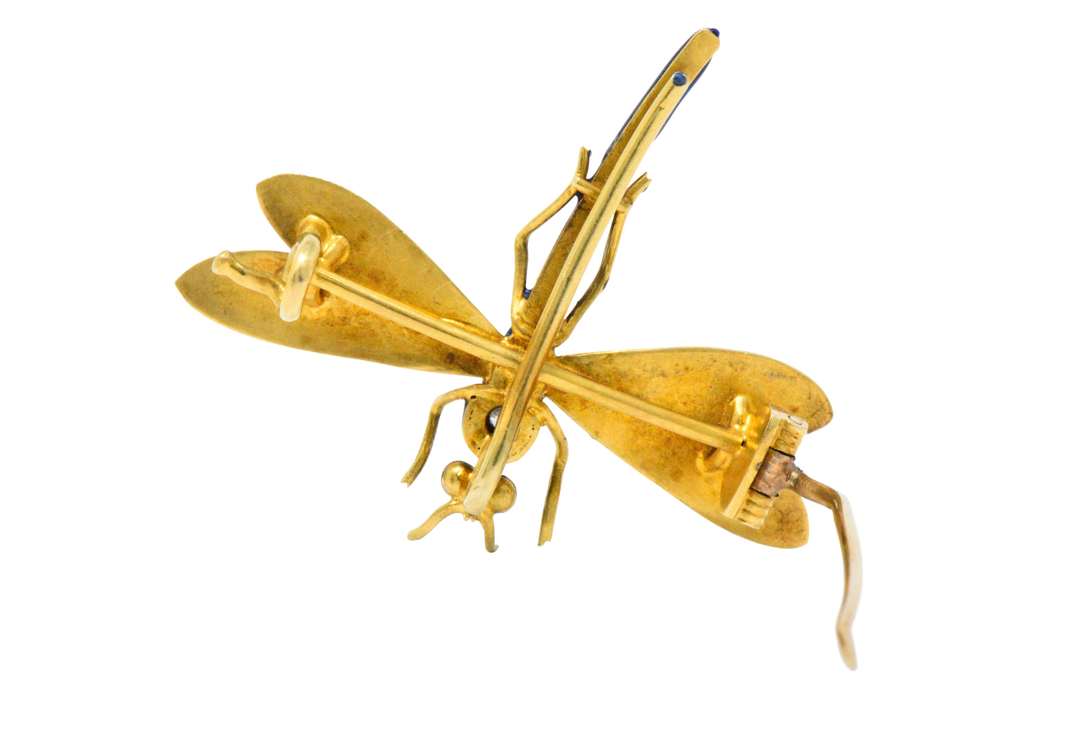 Women's or Men's A.J. Hedges Art Nouveau Diamond Enamel 14 Karat Gold Dragonfly Pendant Brooch
