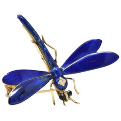 Vintage A.J. Hedges Art Nouveau Diamond Enamel 14 Karat Gold Dragonfly Pendant Brooch