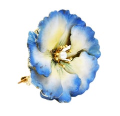 A.J. Hedges Art Nouveau Pearl Enamel 14 Karat Yellow Gold Poppy Flower Brooch