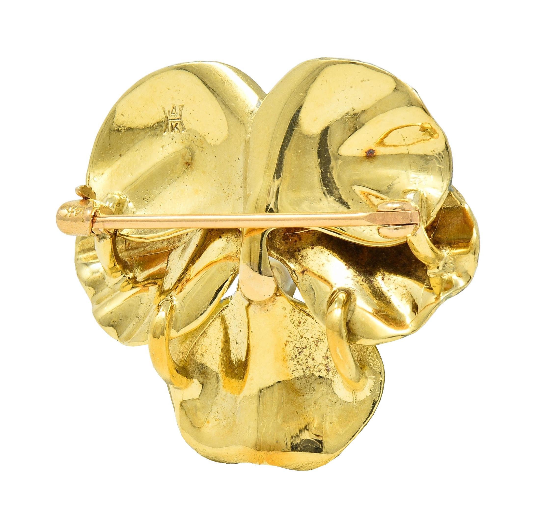 Round Cut A.J. Hedges Art Nouveau Yellow Enamel Pearl 14 Karat Gold Antique Pansy Brooch