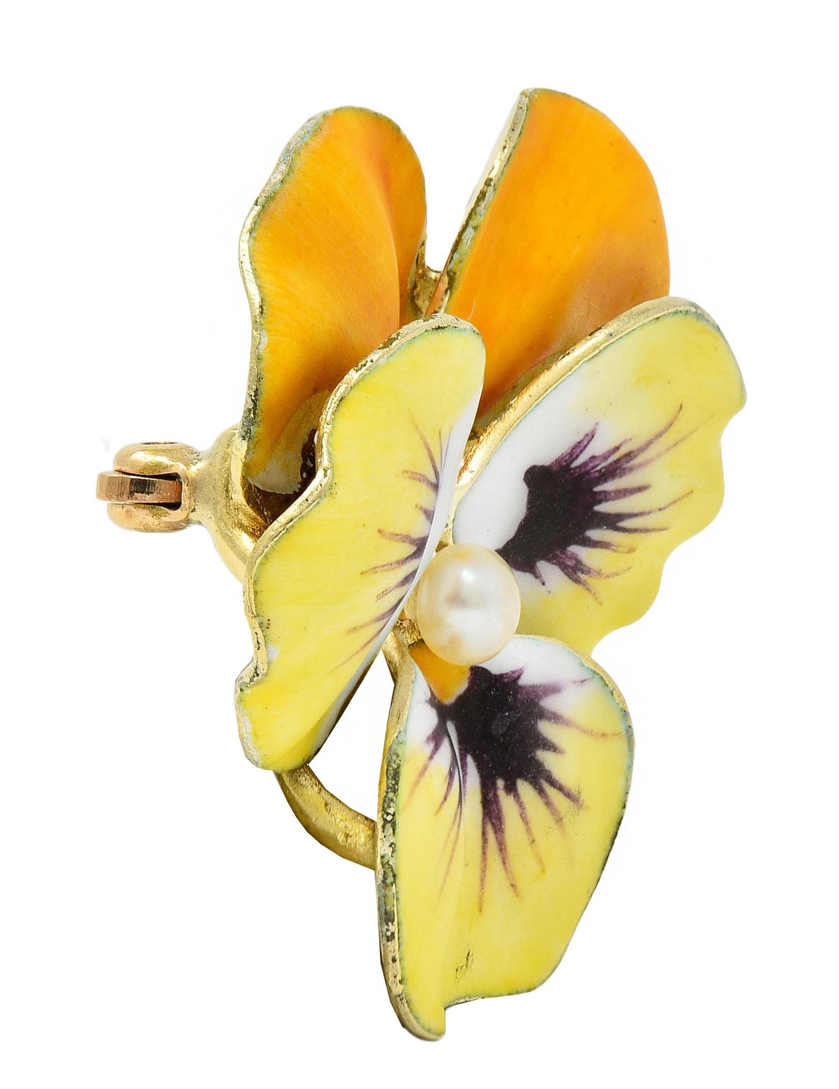 A.J. Hedges Art Nouveau Yellow Enamel Pearl 14 Karat Gold Antique Pansy Brooch In Excellent Condition In Philadelphia, PA
