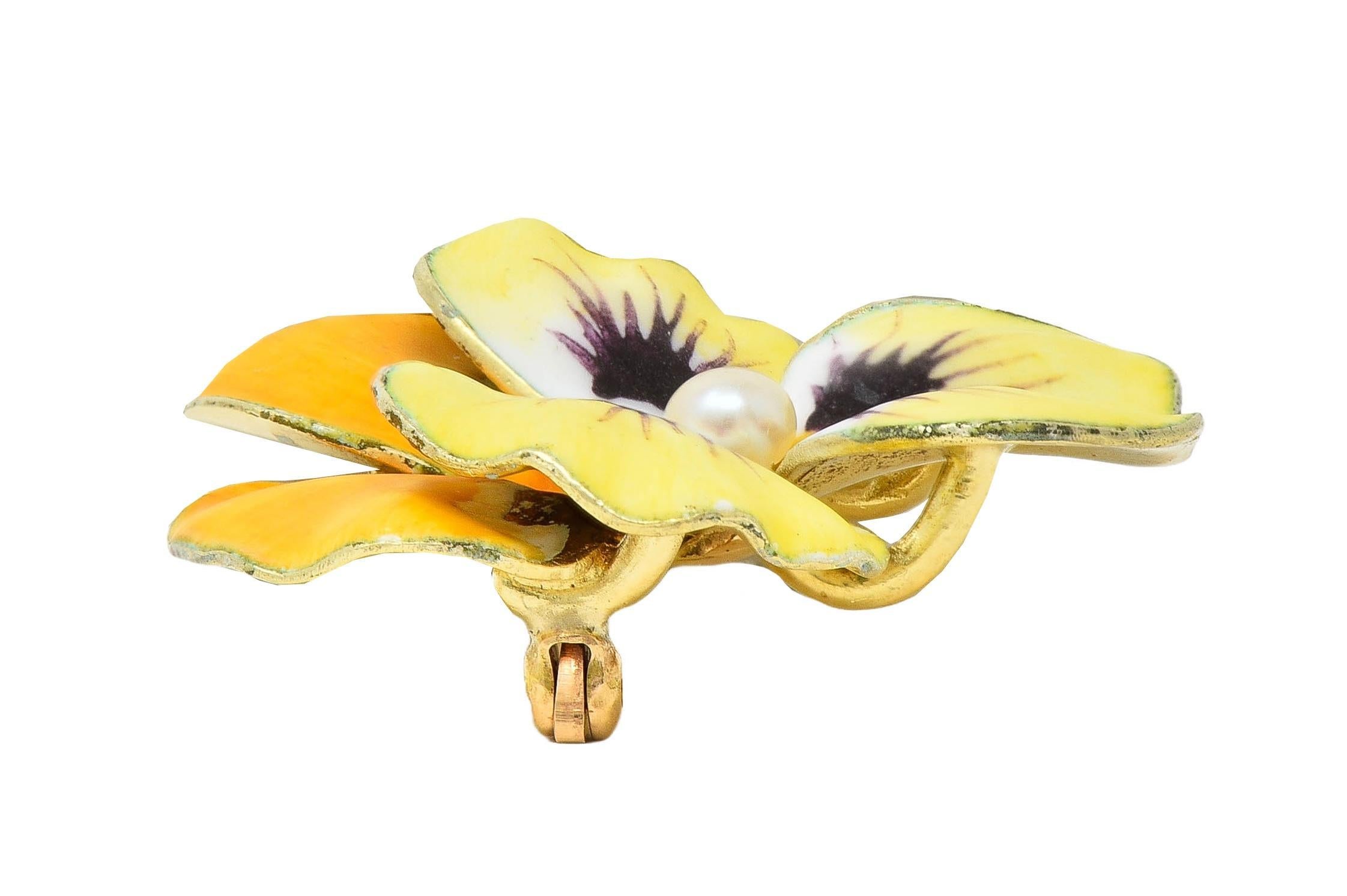 A.J. Hedges Art Nouveau Yellow Enamel Pearl 14 Karat Gold Antique Pansy Brooch 2