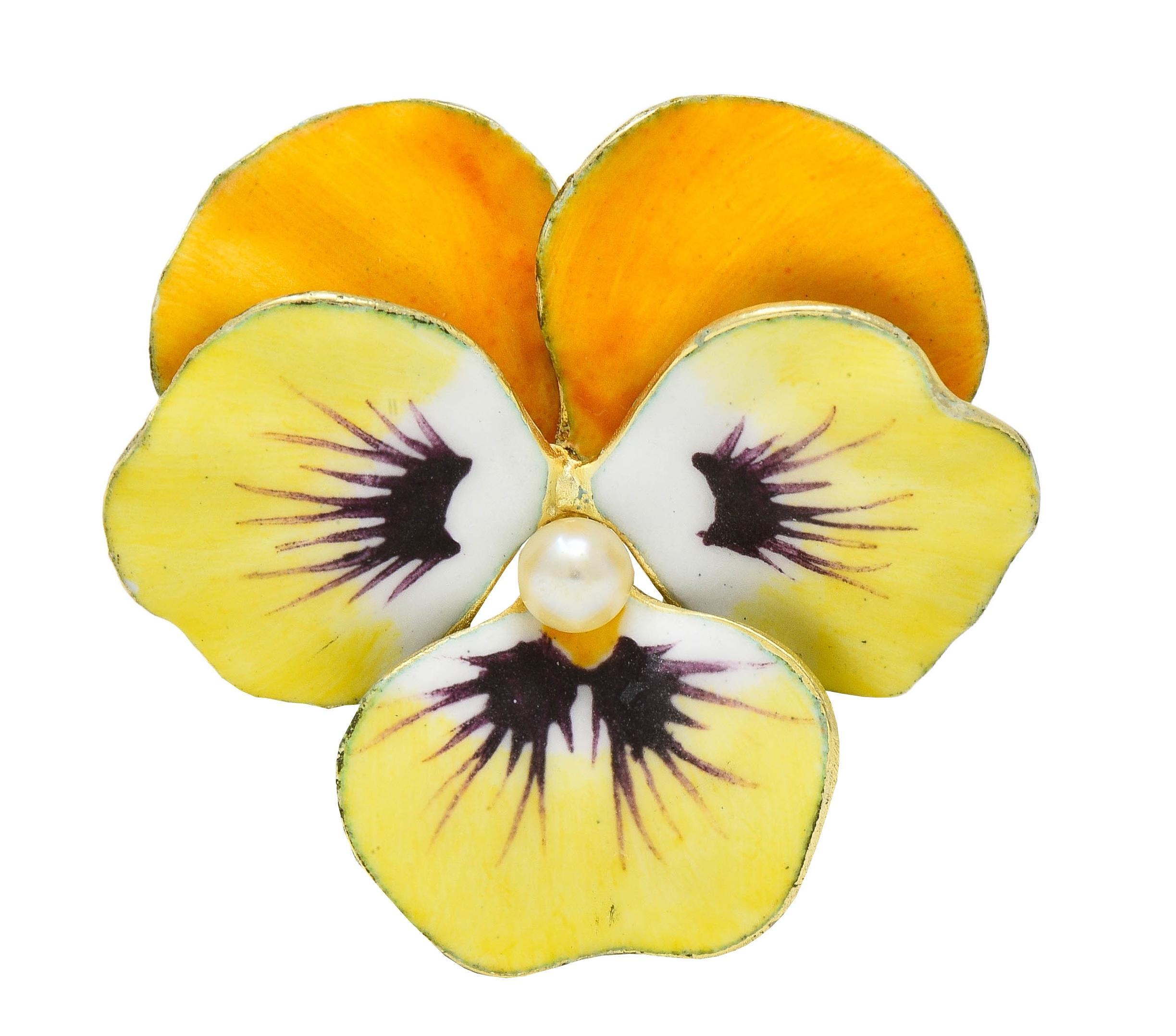 A.J. Hedges Art Nouveau Yellow Enamel Pearl 14 Karat Gold Antique Pansy Brooch 4