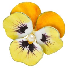 A.J. Hedges Art Nouveau Yellow Enamel Pearl 14 Karat Gold Antique Pansy Brooch